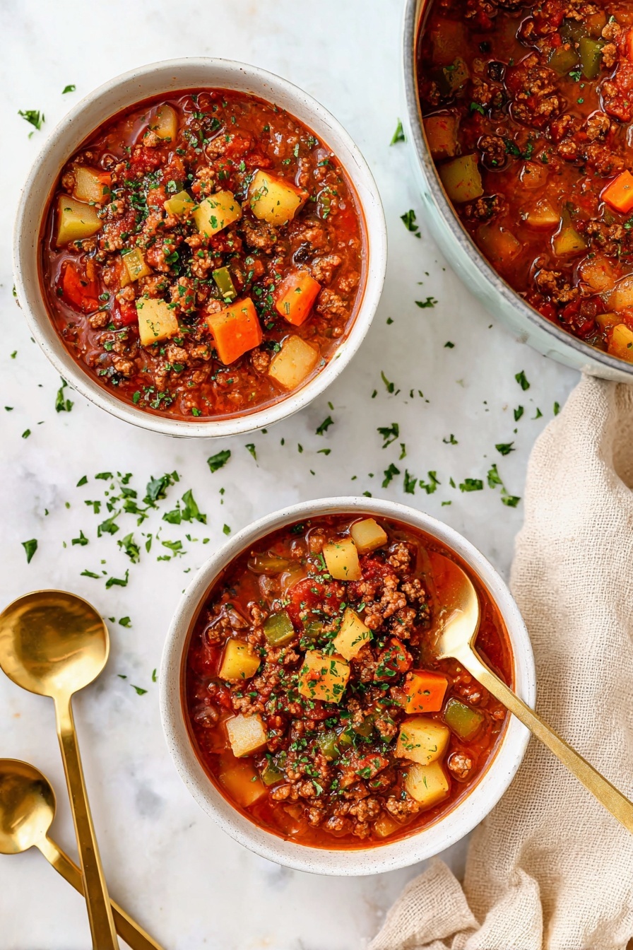 A white bowl filled with a thick stew showing about four layers: a deep red broth base, large light yellow chunks of potato scattered throughout, small green bell pepper pieces and diced orange carrots mixed in, and bits of browned ground meat evenly spread. The stew is topped with finely chopped fresh green herbs, some of which have fallen onto the white marbled surface beneath. The scene also includes two gold spoons resting on the surface and a blue and white cloth napkin beside the bowl. Photo taken with an iphone --ar 2:3 --v 7