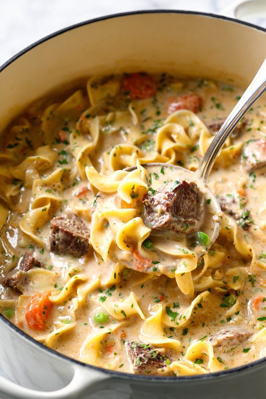 A creamy soup with many layers inside a white pot, filled with broad, curly egg noodles in light yellow, chunks of dark brown meat, bright orange carrot pieces, and small green peas floating in a thick beige creamy broth. The soup is topped with small green herb bits scattered evenly. A silver ladle lifts a portion showing all these ingredients closely, with the creamy broth glistening under soft lighting. The pot is set on a white marbled surface. photo taken with an iphone --ar 2:3 --v 7