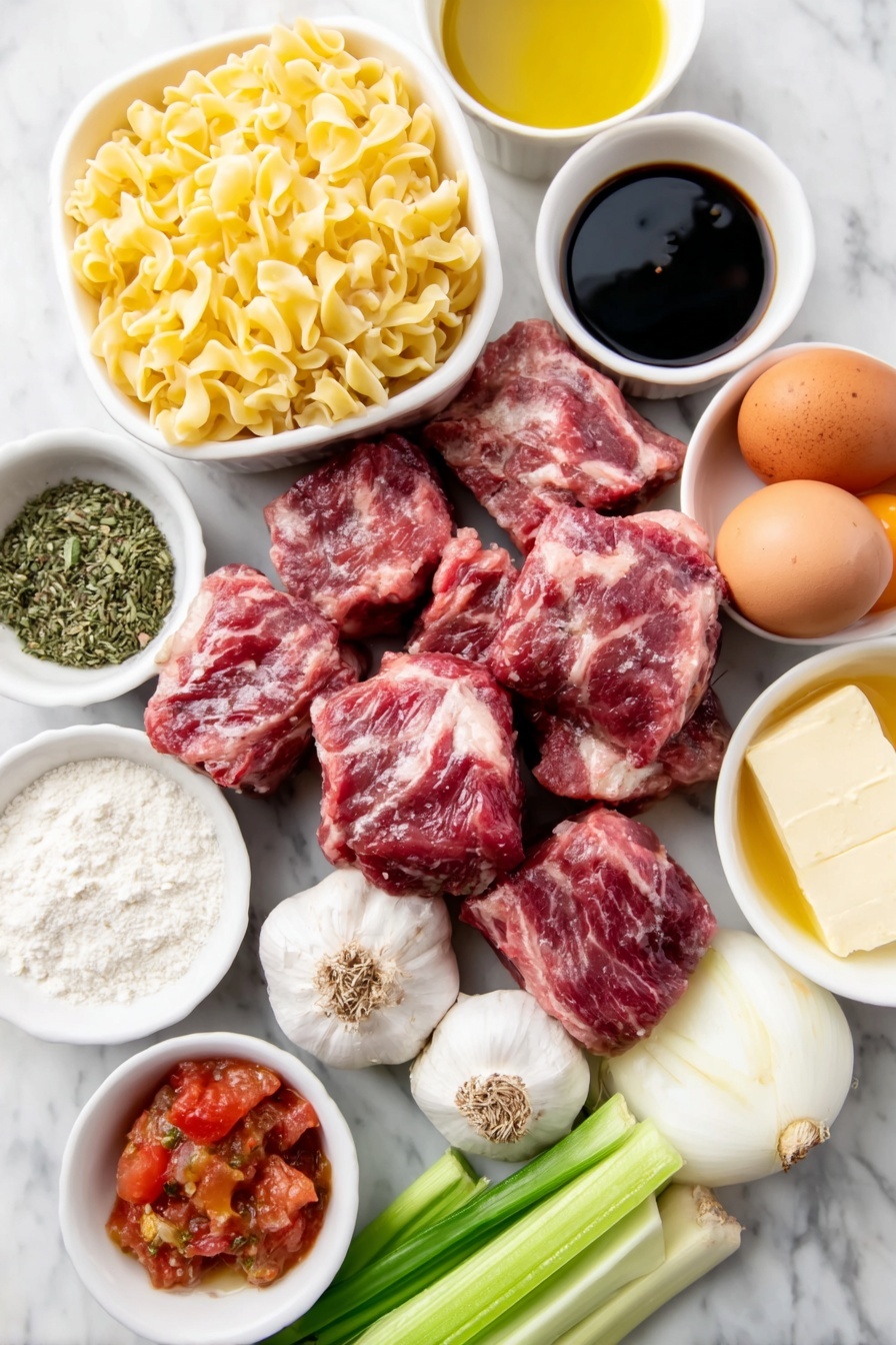 Flat lay of fresh top sirloin steak pieces, uncracked brown eggs, bright orange carrot slices, crisp celery ribs, a whole white onion halves, plump garlic cloves, vibrant fire roasted diced tomatoes with juices in a small white ceramic bowl, tender pale yellow egg noodles, frozen petite green peas, small white bowls of golden vegetable oil, glossy olive oil, creamy unsalted butter, white all-purpose flour, light beige cornstarch, deep red paprika powder, dried green parsley flakes, dried oregano leaves, dried thyme leaves, small white bowl of coarse salt, small white bowl of black pepper, small white bowl of red pepper flakes, a small white bowl of rich soy sauce, a small white bowl of dark Worcestershire sauce, a small white bowl of pale Dijon mustard, a small white bowl of creamy half and half, all arranged symmetrically on a clean white marble surface, soft natural light, photo taken with an iPhone, professional food photography style, fresh ingredients, white ceramic bowls, no bottles, no duplicates, no utensils, no packaging --ar 2:3 --v 7 --p m7354615311229779997