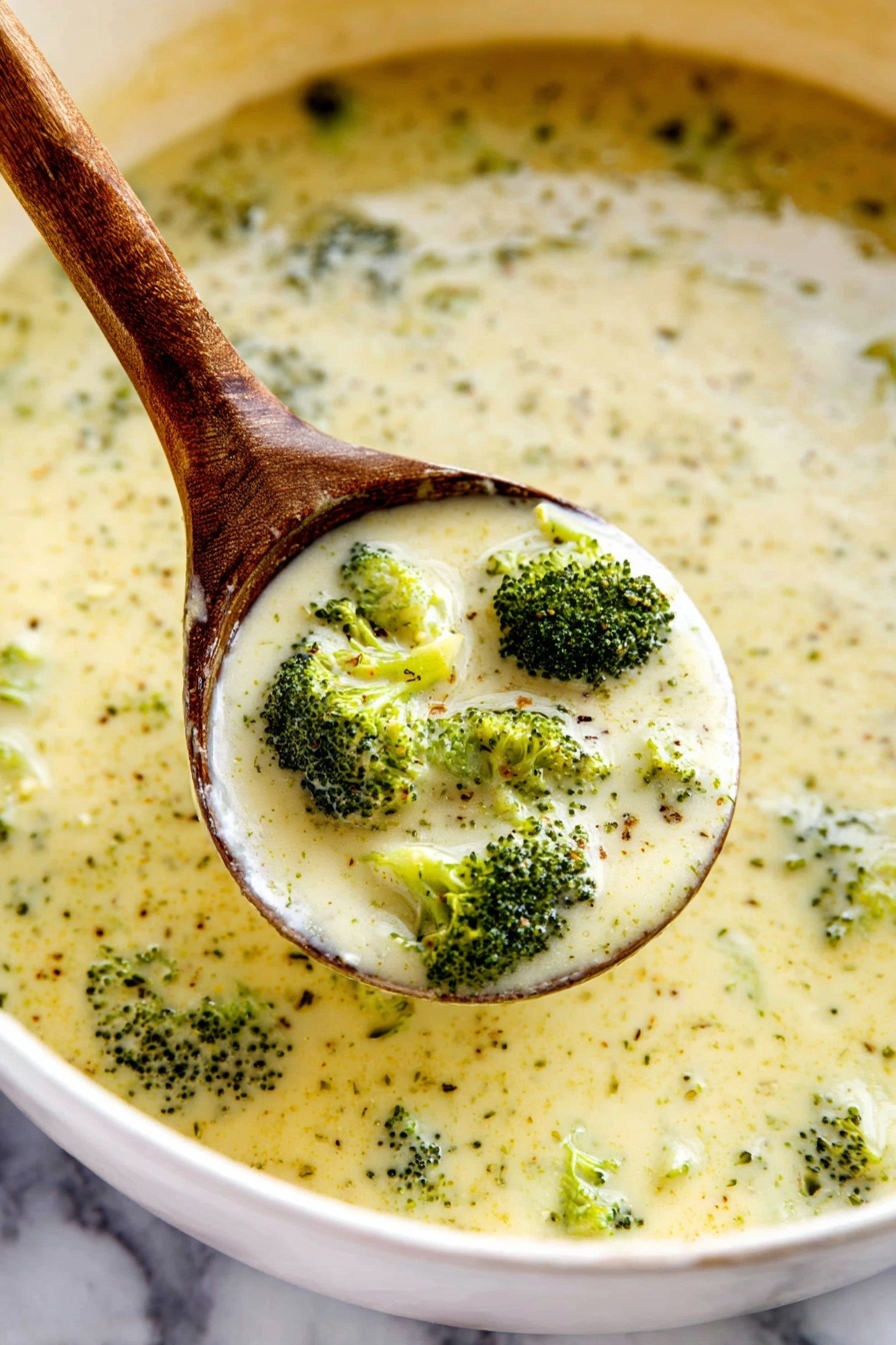 This image shows a thick creamy broccoli soup in a white bowl with a wooden ladle lifting some soup. The soup base is pale yellow with a smooth, creamy texture, dotted with small green broccoli florets spread evenly inside. The broccoli pieces are bright green with a slightly soft, cooked look, some with tiny black pepper specks on top. The ladle is partially submerged, holding soup that shows three broccoli pieces clearly visible on its surface. The background is a white marbled texture. Photo taken with an iphone --ar 2:3 --v 7