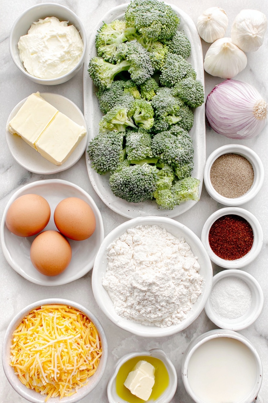 Flat lay of fresh bright green broccoli florets chopped into small pieces, a few plump whole garlic cloves, a halved large white onion diced finely, a small mound of pale beige all-purpose flour on a white ceramic plate, softened cream cheese scoop on a white ceramic dish, a small white ceramic bowl of golden olive oil, a separate small white ceramic bowl of unsalted butter cubes, two whole clean brown eggs with smooth shells, a small white ceramic bowl filled with shredded sharp cheddar cheese in vivid orange tones, a small white ceramic bowl of chicken bouillon powder, tiny piles of ground mustard, paprika, pepper, and cumin arranged in a neat line on a clean white ceramic plate, a small white ceramic bowl holding creamy white milk, and another small white ceramic bowl with reduced sodium chicken broth, all placed on a clean white marble surface, soft natural light, photo taken with an iPhone, professional food photography style, fresh ingredients, white ceramic bowls, no bottles, no duplicates, no utensils, no packaging --ar 2:3 --v 7 --p m7354615311229779997