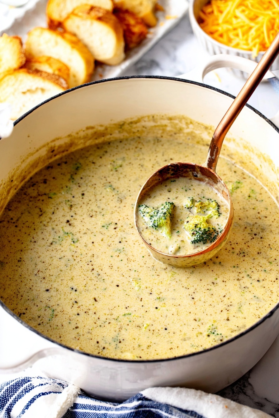 A large white enamel pot filled with creamy broccoli soup, thick and speckled with small green broccoli pieces. A copper ladle rests inside the soup, holding a scoop that shows the green broccoli clearly mixed into the light beige creamy broth. The soup has a slightly grainy texture with visible black pepper flecks. In the blurred background, slices of toasted bread sit on a white plate, and a bowl of shredded yellow cheese stands nearby on a white marbled surface. A white and blue striped cloth is casually placed beside the pot. Photo taken with an iphone --ar 2:3 --v 7