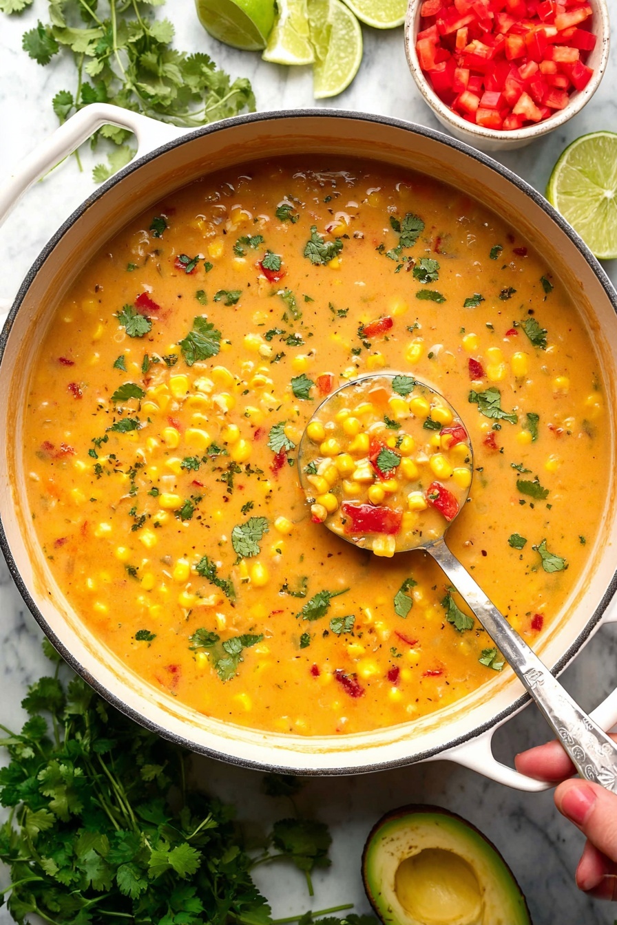 A large white pot filled with thick creamy orange soup, with visible layers of bright yellow corn kernels and small red tomato pieces mixed throughout. The soup is topped with scattered green cilantro leaves for a touch of color. A shiny silver ladle is partially submerged in the soup, held by a woman's hand on the right side of the pot, lifting a spoonful that shows the same colorful mix of corn, tomato, and cilantro. Around the pot, there are fresh green cilantro sprigs, half a green avocado, halved limes, and a small white bowl of diced tomatoes, all set on a white marbled surface. Photo taken with an iphone --ar 2:3 --v 7