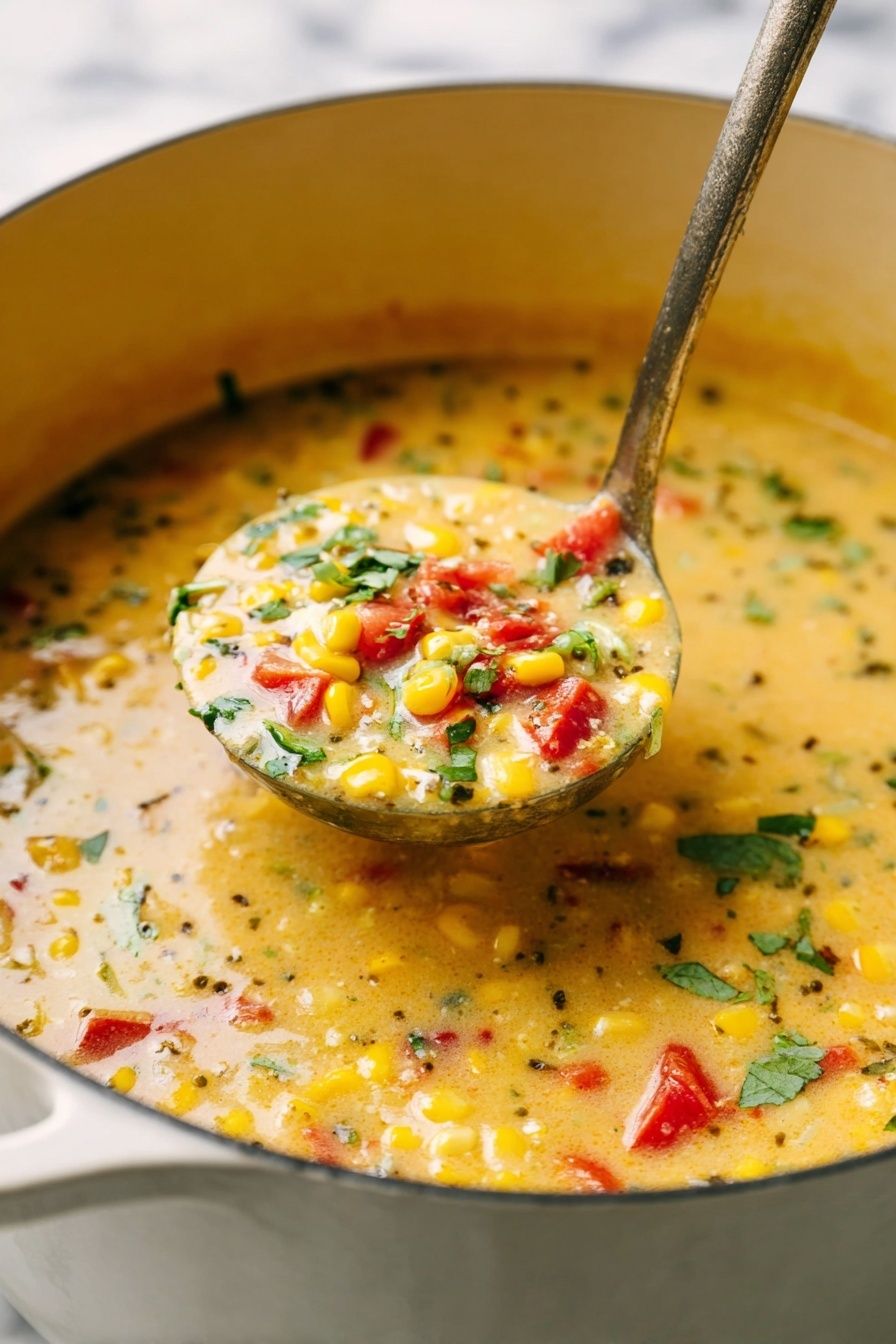This image shows a close-up of a thick, creamy soup in a white pot. The soup has a smooth yellow base mixed with bright yellow corn kernels, small red tomato pieces, and dots of green herbs on top. A metal ladle is lifting a portion of the soup, clearly showing the colorful mix of ingredients and the creamy texture. The background is out of focus but has a white marbled texture. Photo taken with an iphone --ar 2:3 --v 7