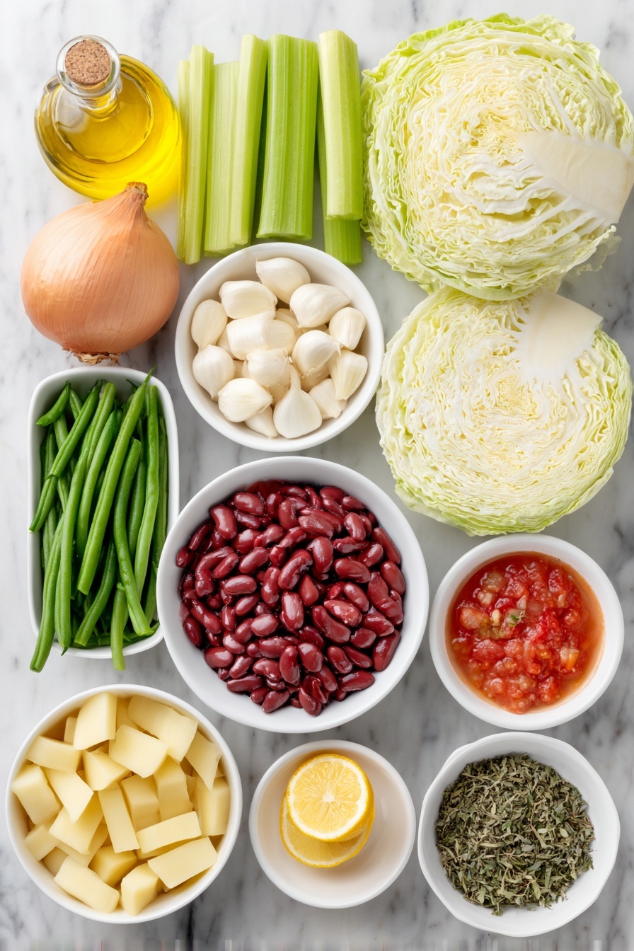 Flat lay of extra virgin olive oil in a small white ceramic bowl, one small whole onion with unbroken skin, three medium fresh carrots with green tops removed, four fresh celery stalks trimmed, several peeled garlic cloves, a small pile of trimmed fresh green beans, two medium peeled Yukon gold potatoes cut into cubes, one small white ceramic bowl filled with fire roasted diced tomatoes with juices, one small white ceramic bowl of drained kidney beans, one small white ceramic bowl of smooth tomato sauce, one small white ceramic bowl of low sodium chicken broth, a few fresh sprigs of dried basil, parsley, oregano, thyme, a single bay leaf, several wide slices of fresh green cabbage, and a small white ceramic bowl with a lemon wedge, all arranged symmetrically on a clean white marble surface, soft natural light, photo taken with an iPhone, professional food photography style, fresh ingredients, white ceramic bowls, no bottles, no duplicates, no utensils, no packaging --ar 2:3 --v 7 --p m7354615311229779997