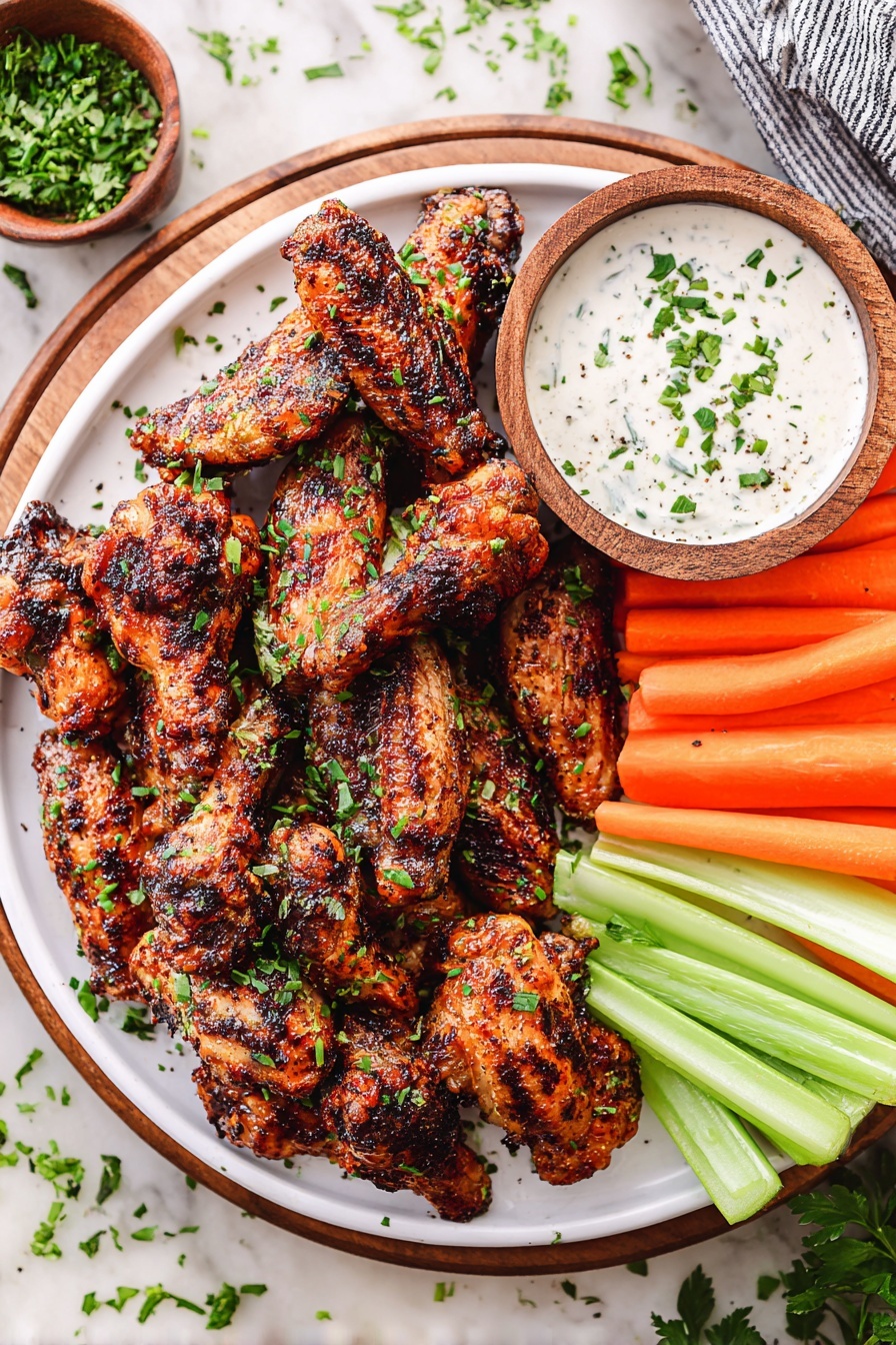 A large white plate is filled with a pile of dark golden-brown grilled chicken wings sprinkled with small green herb bits. On the right side of the plate, there are bright orange carrot sticks and light green celery sticks neatly stacked. Next to the vegetable sticks is a small wooden bowl of creamy white dipping sauce, also topped with green herbs. The plate sits on a white marbled surface with scattered green herb pieces around, and a small bowl of chopped herbs is visible near the top left corner. photo taken with an iphone --ar 2:3 --v 7