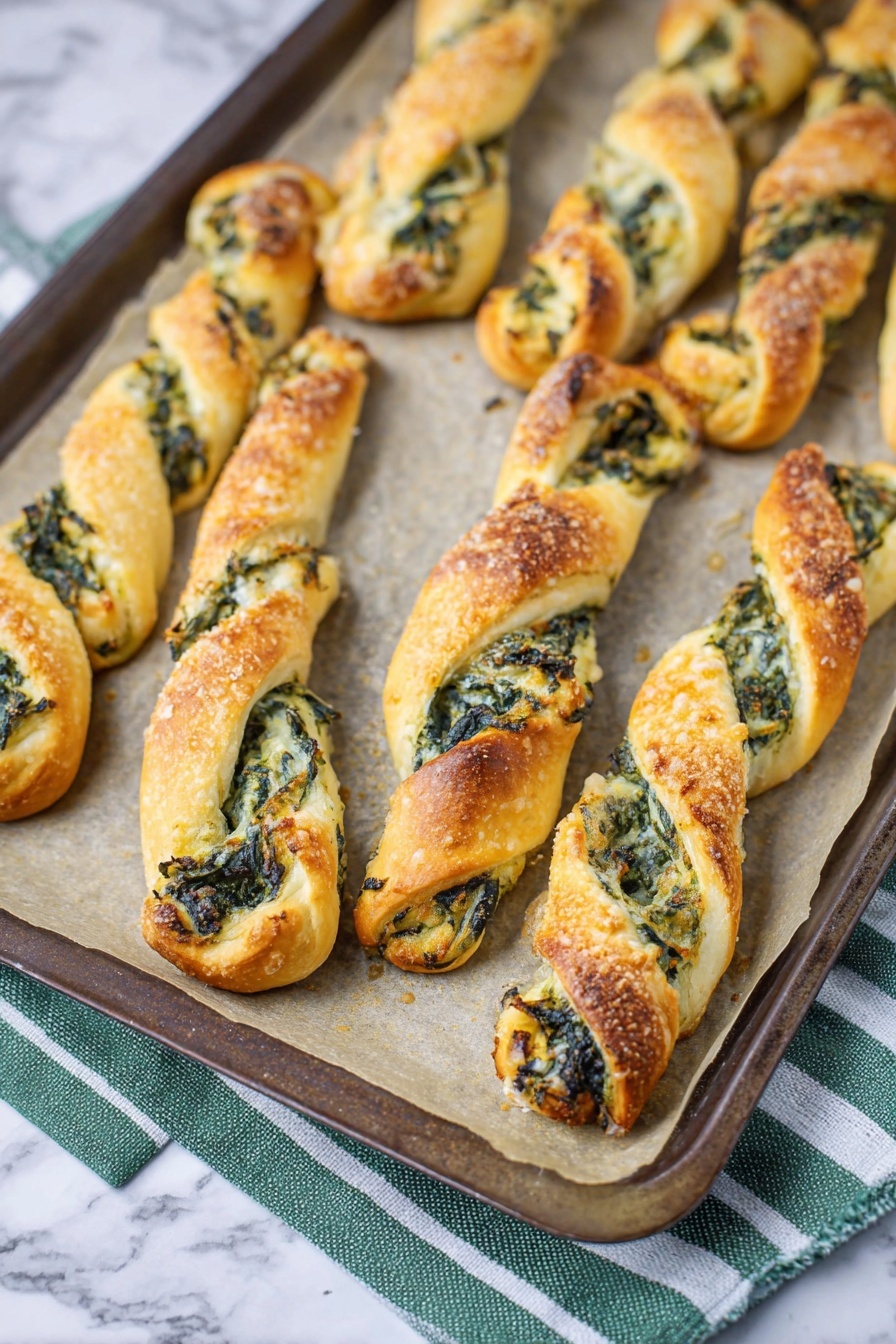 The image shows several twisted bread sticks on a baking tray with parchment paper. Each bread stick has two main layers: a soft golden-brown dough exterior with a slightly crispy texture and a filling inside made of dark green spinach mixed with a creamy light yellow cheese. The spinach and cheese filling is visible through the twists of the bread, creating an appealing contrast between the green filling and the golden bread. The baking tray rests on a white marbled surface with a green and white striped cloth underneath one corner of the tray. Photo taken with an iphone --ar 2:3 --v 7