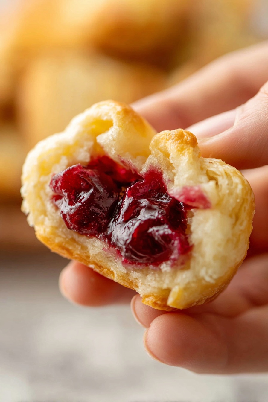 The image shows several small puff pastry cups placed on a white marbled surface. Each pastry cup has a golden brown, flaky outer layer that folds up around a bright red, glossy cranberry filling in the center. Some of the cups have small green herb leaves on top as decoration. Around the pastries, there are frosted red cranberries scattered, adding a festive touch. To the side, there is a white ramekin filled with more glossy cranberry sauce. In the background, there are a few white wedges of soft cheese. The photo is well-lit with a soft focus, highlighting the textures and colors of the pastries and fillings. Photo taken with an iphone --ar 2:3 --v 7