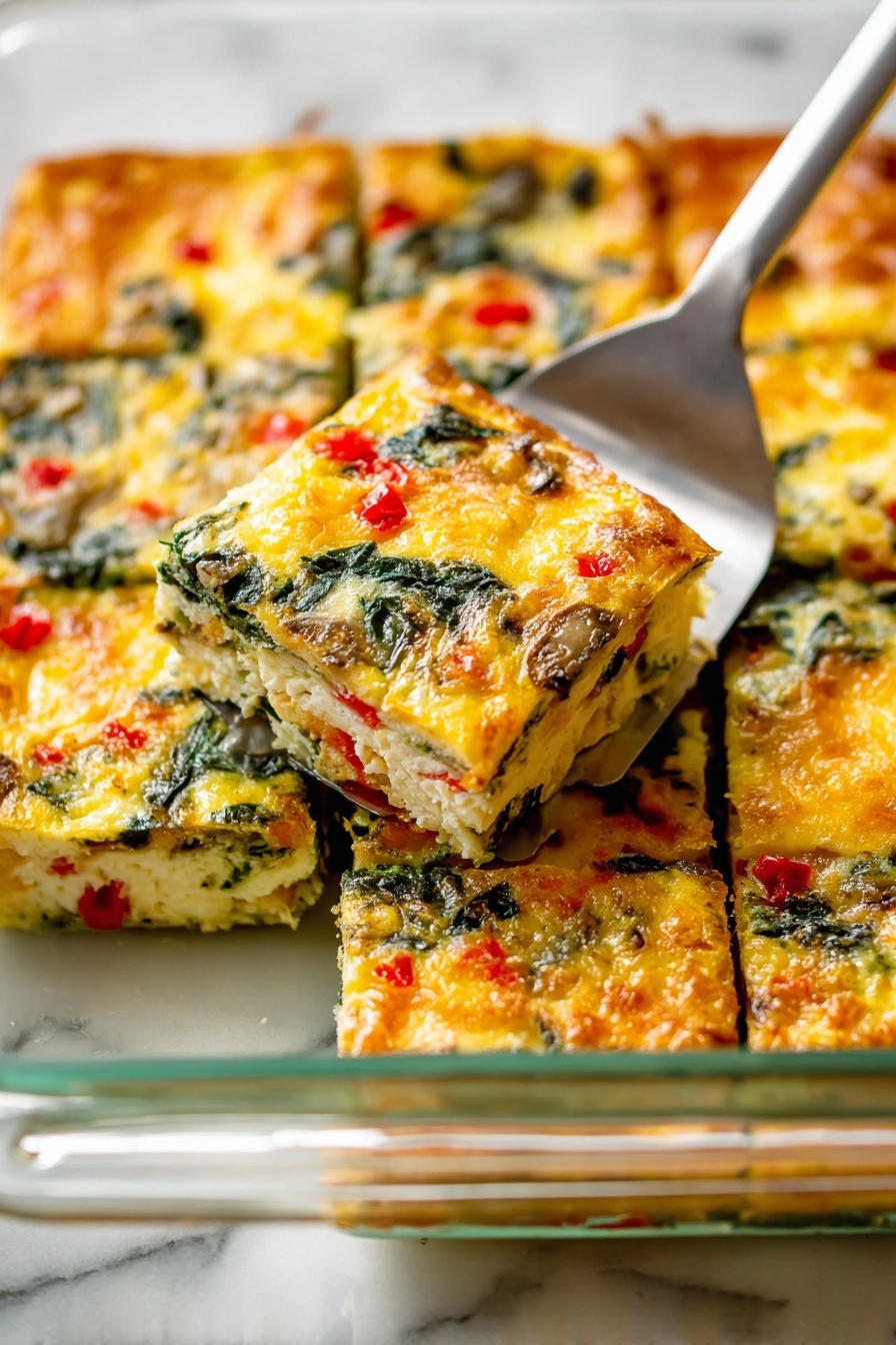 The image shows a glass baking dish with six square pieces of a baked egg dish. Each piece has multiple layers: a golden, slightly browned cheese topping with melted, textured surface, speckled with dark green spinach patches and small red pepper bits. Below the cheese layer, you can see a creamy, slightly crumbly egg mixture with visible red and green vegetable pieces, and a light base of what seems to be cooked mushrooms at the bottom. One square piece is being lifted gently by a silver spatula over a white marbled surface. The whole dish looks warm and appetizing. photo taken with an iphone --ar 2:3 --v 7