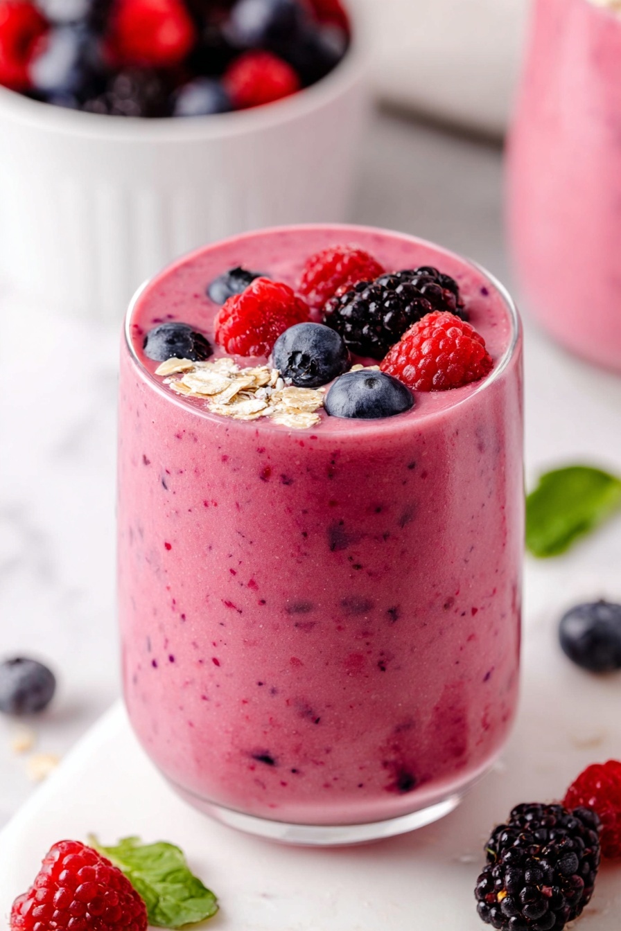 A thick pink smoothie fills a clear glass, showing small dark flecks inside from mixed berries. The smoothie almost reaches the rim and is topped with a few whole berries including red raspberries, dark blackberries, and blue blueberries, along with some light-colored oats scattered on top. The glass sits on a white marbled surface with some fresh green leaves and extra berries around it. Part of a white bowl filled with mixed berries and another similar glass are visible in the soft-focus background. photo taken with an iphone --ar 2:3 --v 7
