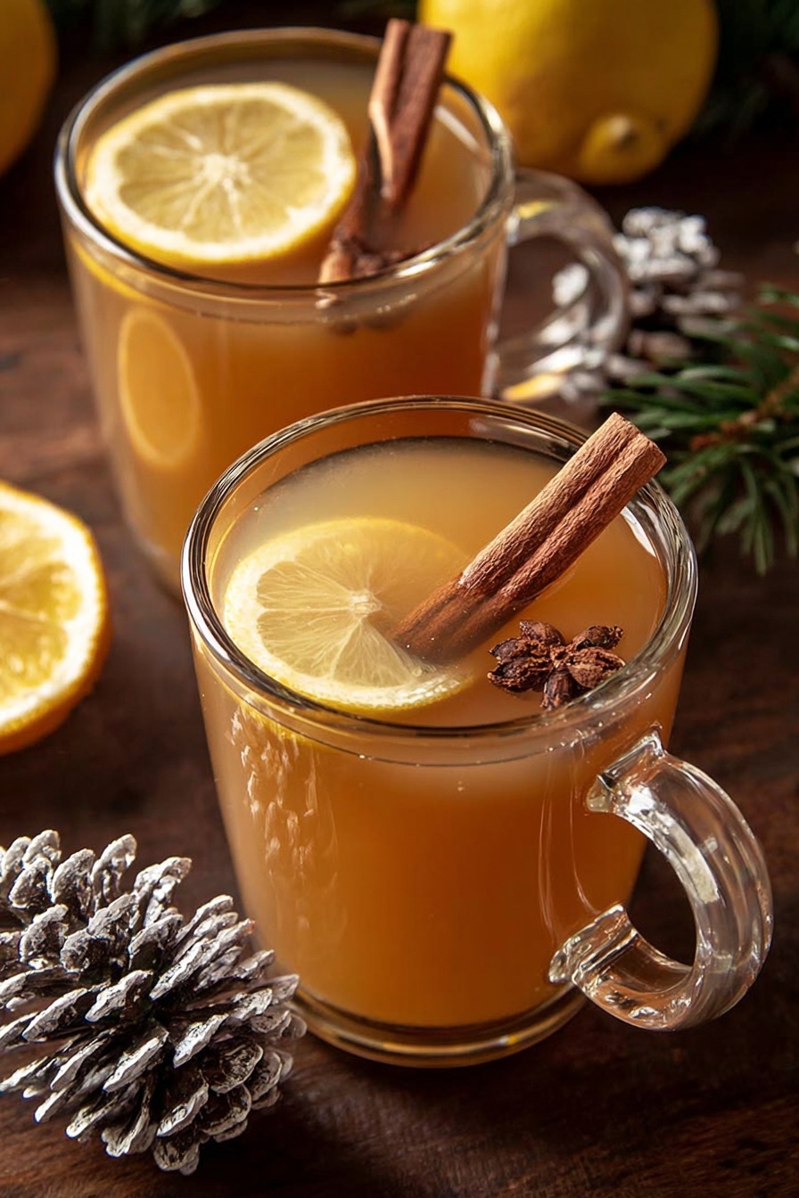 The image shows two clear glass mugs filled with warm brownish-orange liquid, each topped with a whole cinnamon stick and a round lemon slice resting on the surface. The mugs have clear handles and sit on a dark wooden surface with a white pine cone with frosted tips placed nearby, adding a cozy, autumn feel. A small part of an orange with a clove stuck into its skin is visible in the corner. The overall scene has warm lighting and a festive mood. Photo taken with an iphone --ar 2:3 --v 7