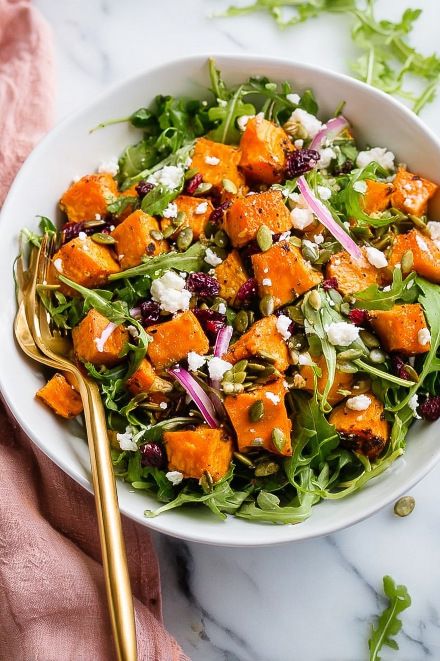 A white bowl filled with a salad that has three main layers: large orange cubes of roasted sweet potato on the top and bottom, a middle layer of fresh bright green arugula leaves spread throughout, and small bits of white crumbled cheese scattered over the salad. Thin slices of purple onion are mixed in and small dark red dried cranberries add color contrast. Light green pumpkin seeds are sprinkled on top. A shiny gold fork rests inside the bowl on the right side. The bowl sits on a white marbled surface with some loose arugula leaves and a soft pink cloth nearby. Photo taken with an iphone --ar 2:3 --v 7