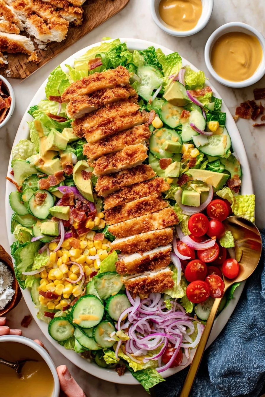 A large white oval plate sits on a white marbled surface, filled with a colorful layered salad. The bottom layer is made of bright green Romaine lettuce leaves spread evenly. On top of the lettuce, there are slices of crispy golden-brown breaded chicken arranged in rows across the center. Around the chicken, layers of vegetables are placed: red and green cherry tomato halves, pale green diced avocado, thinly sliced cucumber, yellow corn kernels, and thin rings of purple onion. There are small pieces of crispy bacon scattered throughout. Nearby, small white bowls hold mustard-colored sauce, honey, and more red onion rings. A woman's hand holds a golden spoon resting on the plate’s edge. photo taken with an iphone --ar 2:3 --v 7