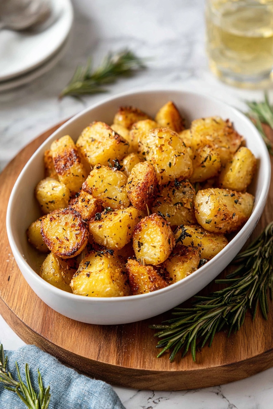 A white oval bowl filled with golden roasted potato pieces that have crispy brown edges, sprinkled with black pepper and small green herb flakes, placed on a round wooden board. There is a sprig of fresh green rosemary tucked into the side of the bowl. The background surface is a white marbled texture with a blurred spoon and some glasses in the distance, along with more sprigs of rosemary scattered around. photo taken with an iphone --ar 2:3 --v 7
