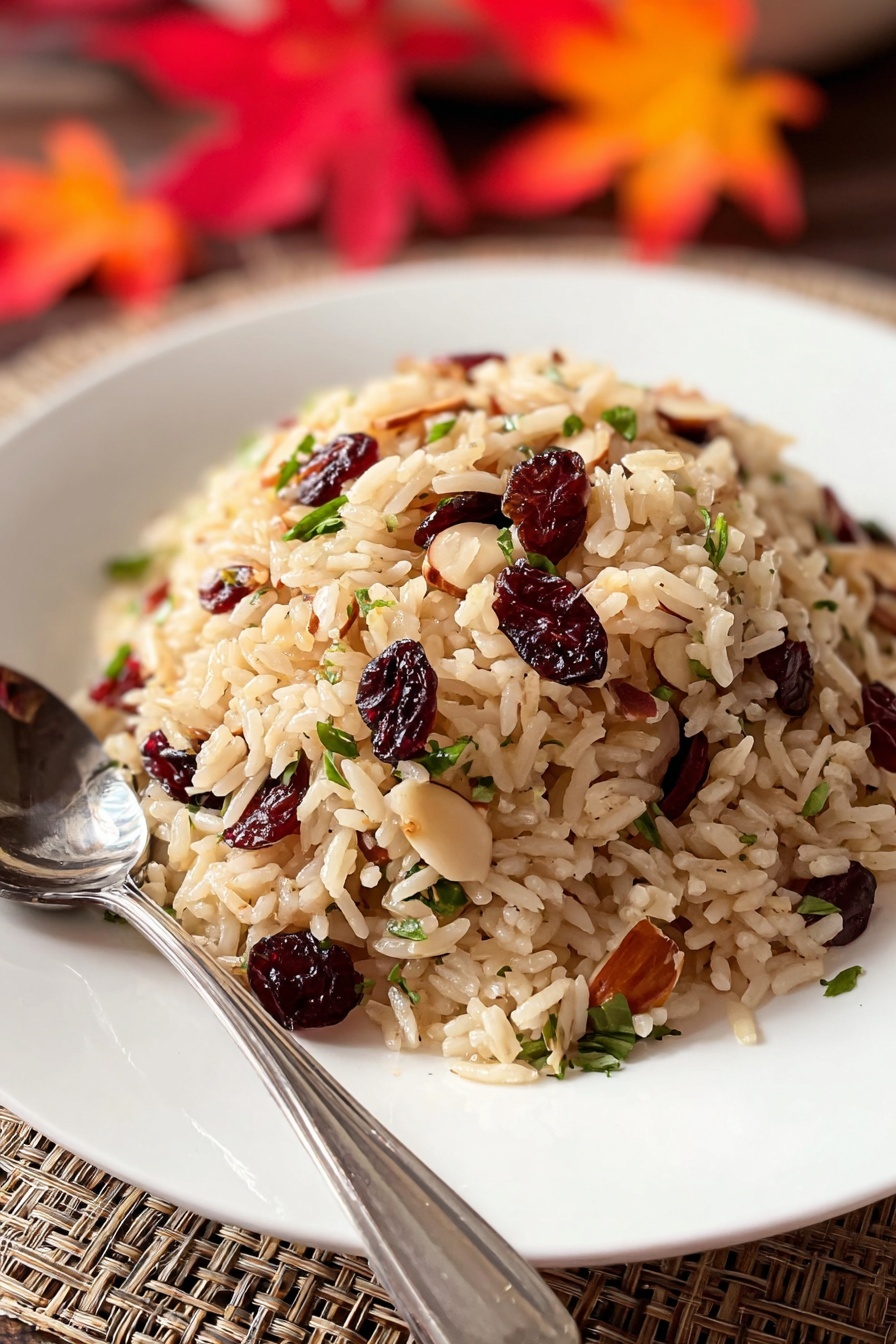 A white plate holds a mound of cooked rice mixed with small dark red dried cranberries, light brown sliced almonds, and bits of green herbs scattered throughout. The rice is fluffy and pale beige in color with a slightly shiny texture. A silver spoon rests on the left side of the plate, and the plate is placed on a woven beige mat. In the background, blurred red and orange autumn leaves add a warm tone. The overall look is neat and inviting, with the rice mixture centered on the plate. Photo taken with an iphone --ar 2:3 --v 7