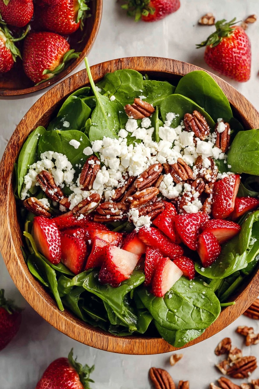 A salad in a wooden bowl with three main layers: the bottom layer is bright green fresh spinach leaves, the middle layer has sliced red strawberries scattered evenly, and the top layer consists of crumbled white cheese and brown toasted pecans spread across the salad. The bowl sits on a white marbled texture with some strawberries, cheese chunks, and pecans scattered around it, creating a fresh and colorful look. Photo taken with an iphone --ar 2:3 --v 7