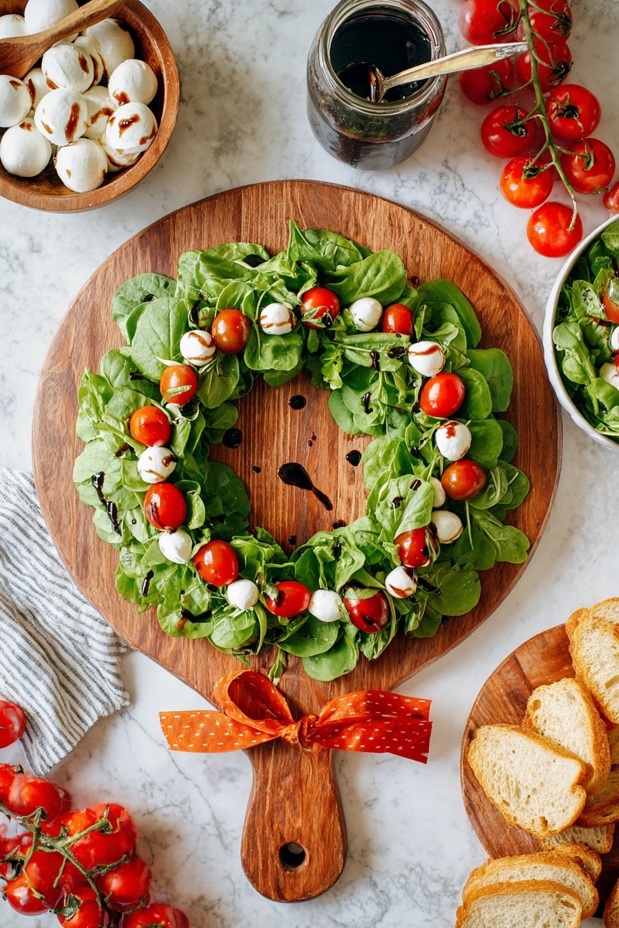 A wooden round board with a handle wrapped with an orange ribbon holds a wreath-shaped salad. The wreath has two main layers: a base of bright green arugula and spinach leaves forming a thick ring, and scattered on top are small red grape tomatoes and white mozzarella balls. The salad is drizzled with dark balsamic vinegar drops. Around the board, there is a bowl with more mozzarella balls on a white marbled surface, a jar of balsamic vinegar with a spoon inside, some red tomatoes with green leaves, and toasted slices of bread. A striped cloth napkin is placed nearby. photo taken with an iphone --ar 2:3 --v 7