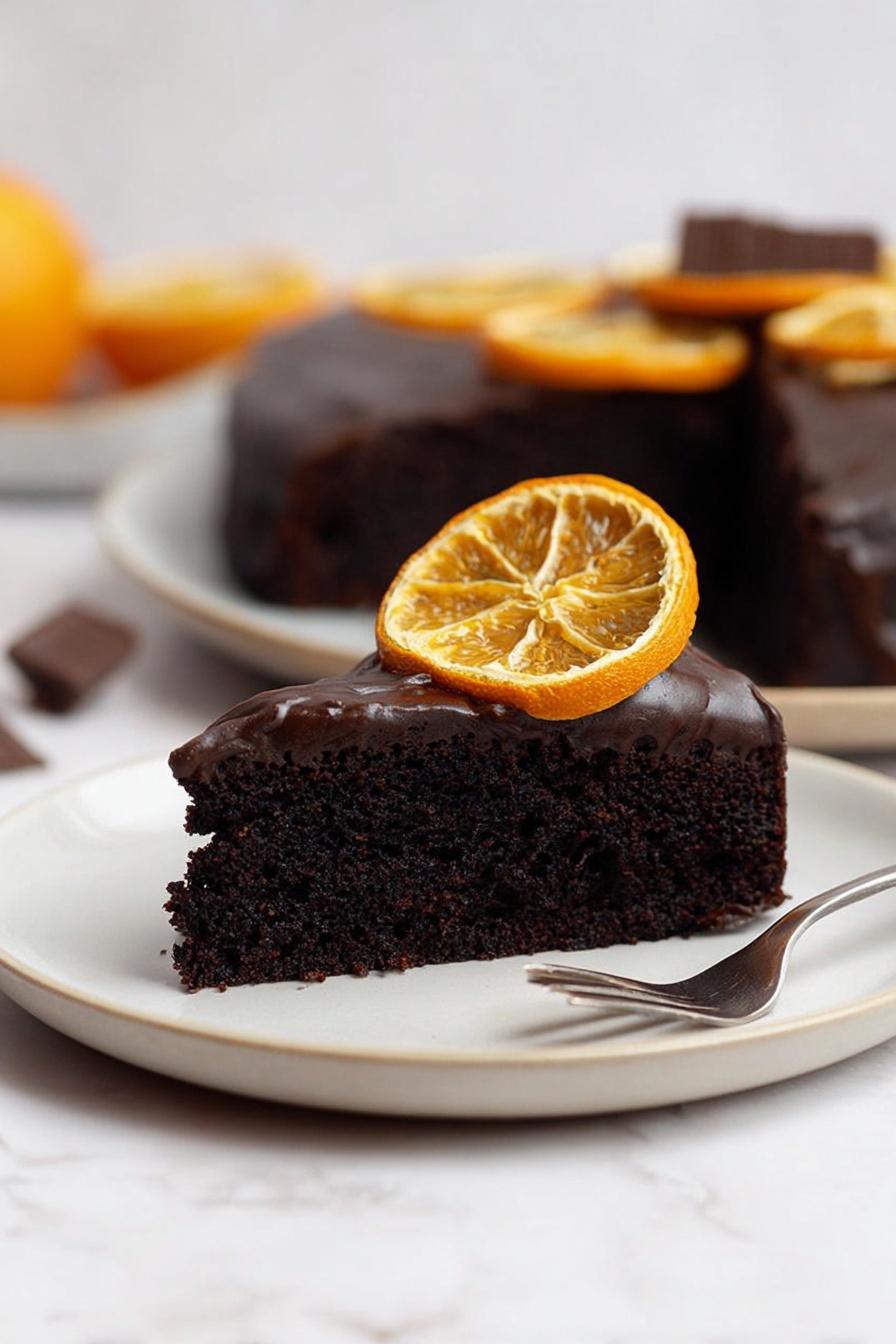 The image shows a slice of rich dark chocolate cake with a thick layer of smooth, shiny dark chocolate frosting on top. The cake looks moist and dense with a deep brown color. On the frosting, there is a round slice of dried orange standing upright, accompanied by a small piece of chocolate partially leaning against the orange. The slice sits on a simple white plate with a silver fork beside it. The background features the rest of the cake, also topped with round dried orange slices, set against a white marbled surface. photo taken with an iphone --ar 2:3 --v 7