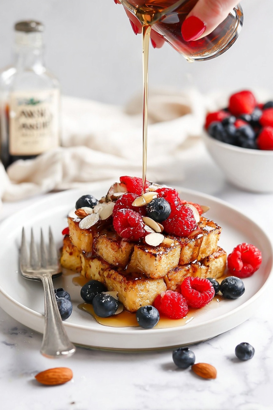 A white round plate with a piece of French toast made of thick, golden-brown cubes stacked in a grid, topped with fresh red raspberries, blueberries, and a few sliced almonds. Syrup is being poured from above, creating a golden stream that drips down the French toast. Around the plate are scattered blueberries, raspberries, and sliced almonds. To the side, a silver fork rests on the plate, and in the background, a bottle of vanilla bean syrup and a white bowl filled with berries sit on a white marbled surface. A woman's hand with red nail polish is holding the syrup container. photo taken with an iphone --ar 2:3 --v 7