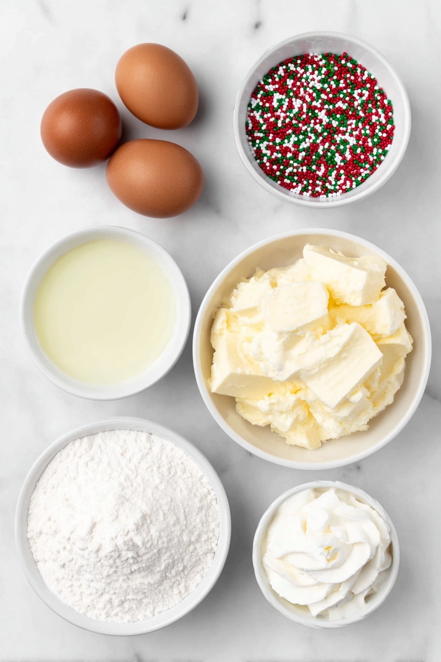 Flat lay of a small white ceramic bowl of fine white cake mix powder, two clean whole eggs with smooth brown shells, a small white ceramic bowl filled with bright red strawberry gelatin powder, a small white ceramic bowl filled with vibrant green lime gelatin powder, a small white ceramic bowl containing smooth instant vanilla pudding mix powder, a small white ceramic bowl of fresh milk, a small white ceramic bowl of soft, fluffy thawed whipped topping, and a scattering of tiny red and green round sprinkles arranged symmetrically, all placed on a clean white marble surface, soft natural light, photo taken with an iPhone, professional food photography style, fresh ingredients, white ceramic bowls, no bottles, no duplicates, no utensils, no packaging --ar 2:3 --v 7 --p m7354615311229779997