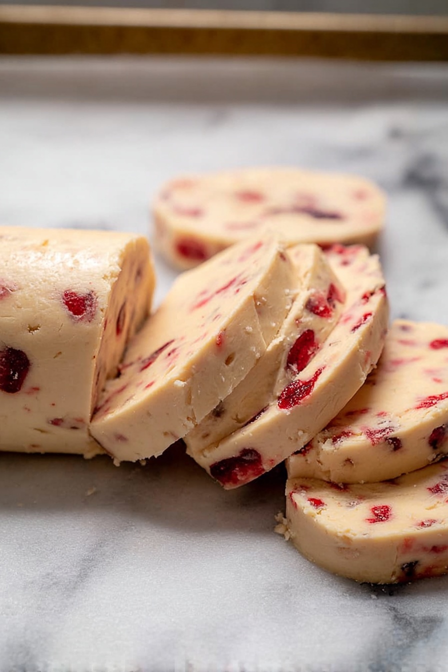 The image shows several round cookies placed close together on a baking paper. Each cookie has a light beige base with visible red cherry pieces and small bits of nuts embedded throughout. The cookies have a soft texture and slightly uneven edges, with the red cherry pieces providing bright spots of color against the lighter dough. The background has a white marbled texture. photo taken with an iphone --ar 2:3 --v 7