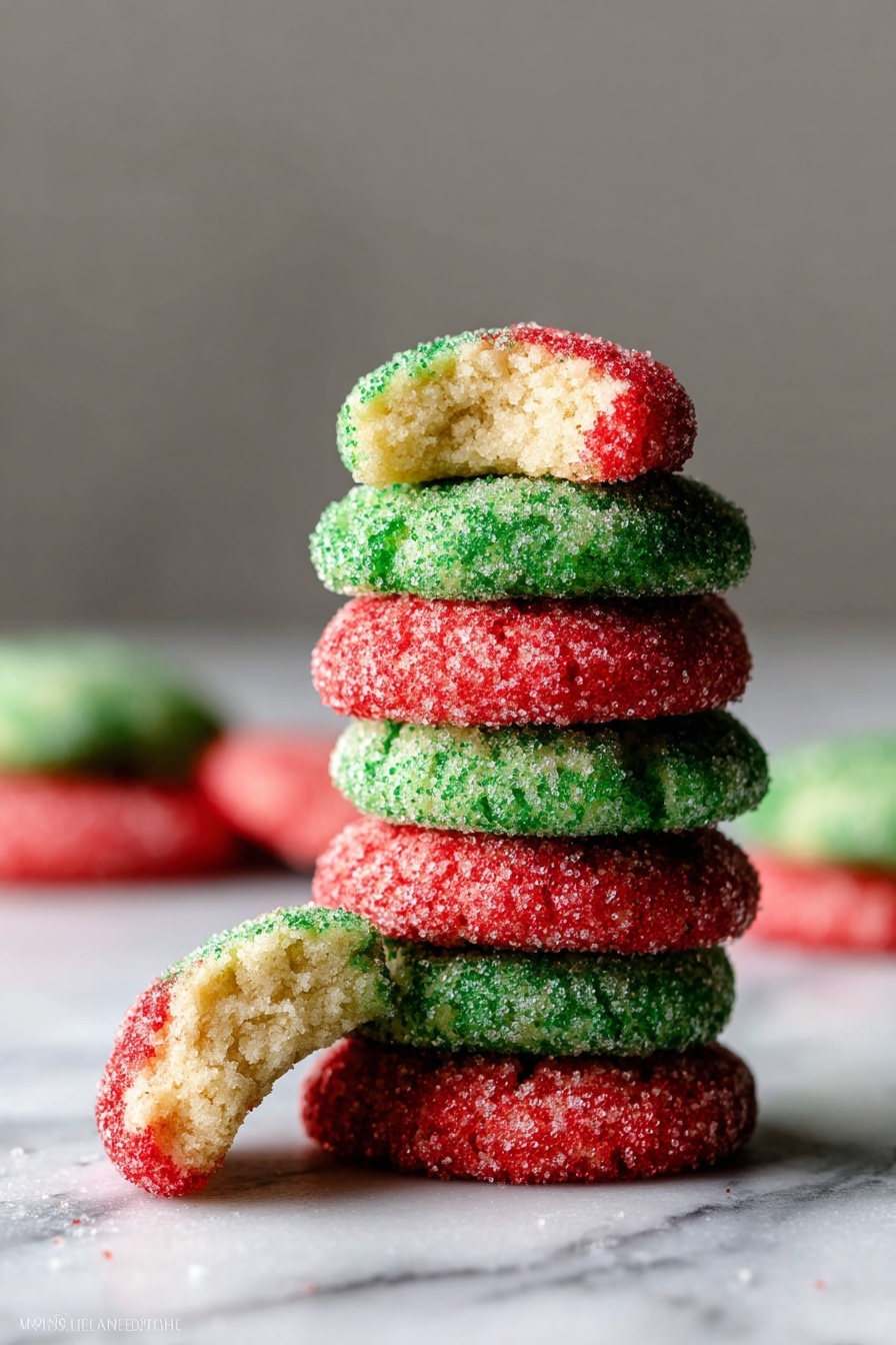 A stack of five round, sugar-coated cookies is shown on a white marbled surface. From bottom to top, the first cookie has green sugar crystals with a slightly rough texture, the second cookie is covered in red sugar crystals, the third is again green sugar crystals, the fourth is red sugar crystals, and the fifth on top is a half-eaten green sugar cookie revealing a soft, light yellow interior. To the left, at the base of the stack, there is a half piece of a green sugar cookie showing the same soft inside. Some blurred cookies with red and green sugar crystals appear in the background. The overall image uses soft, natural light to highlight the texture and colors. photo taken with an iphone --ar 2:3 --v 7