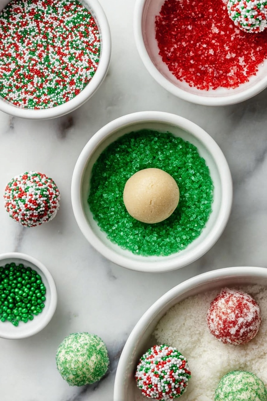 A white marble slab holds an assortment of round Christmas cookies with colorful sprinkles and sugar coating. The cookies have different layers of texture: some are covered with large red, green, and white round sprinkles; others are dusted with bright green or red sugar crystals; a few have red and white sugar sprinkles. One cookie is broken to show two green layers with a white filling between them. The cookies are placed closely in a scattered pattern, some on the slab and a few on white plates around with more cookies. Two woman's hands hold the slate at the corners, and a red-and-white striped cloth is partially visible on the left. The background is a white marbled texture. photo taken with an iphone --ar 2:3 --v 7