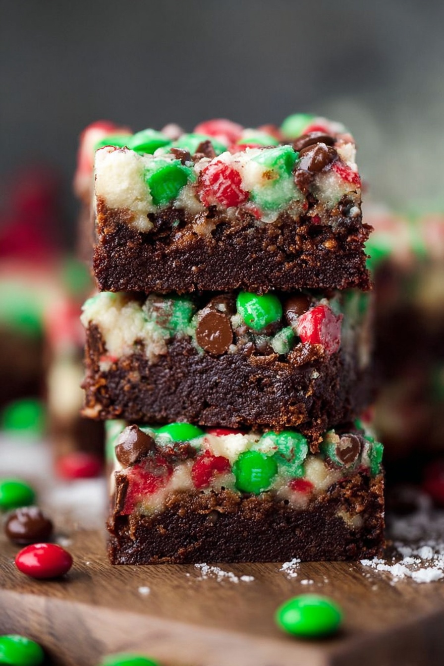 A close-up view of three thick square brownie pieces stacked vertically with the bottom piece on a wooden board. Each brownie has a dense dark brown base layer with a smooth texture and a top layer filled with small green, red, and brown candy-coated chocolate pieces embedded in a white, slightly crumbly layer. Around the brownies, scattered green and red candy pieces add vibrant color. The background is softly blurred, emphasizing the rich texture and colorful toppings of the brownies. photo taken with an iphone --ar 2:3 --v 7
