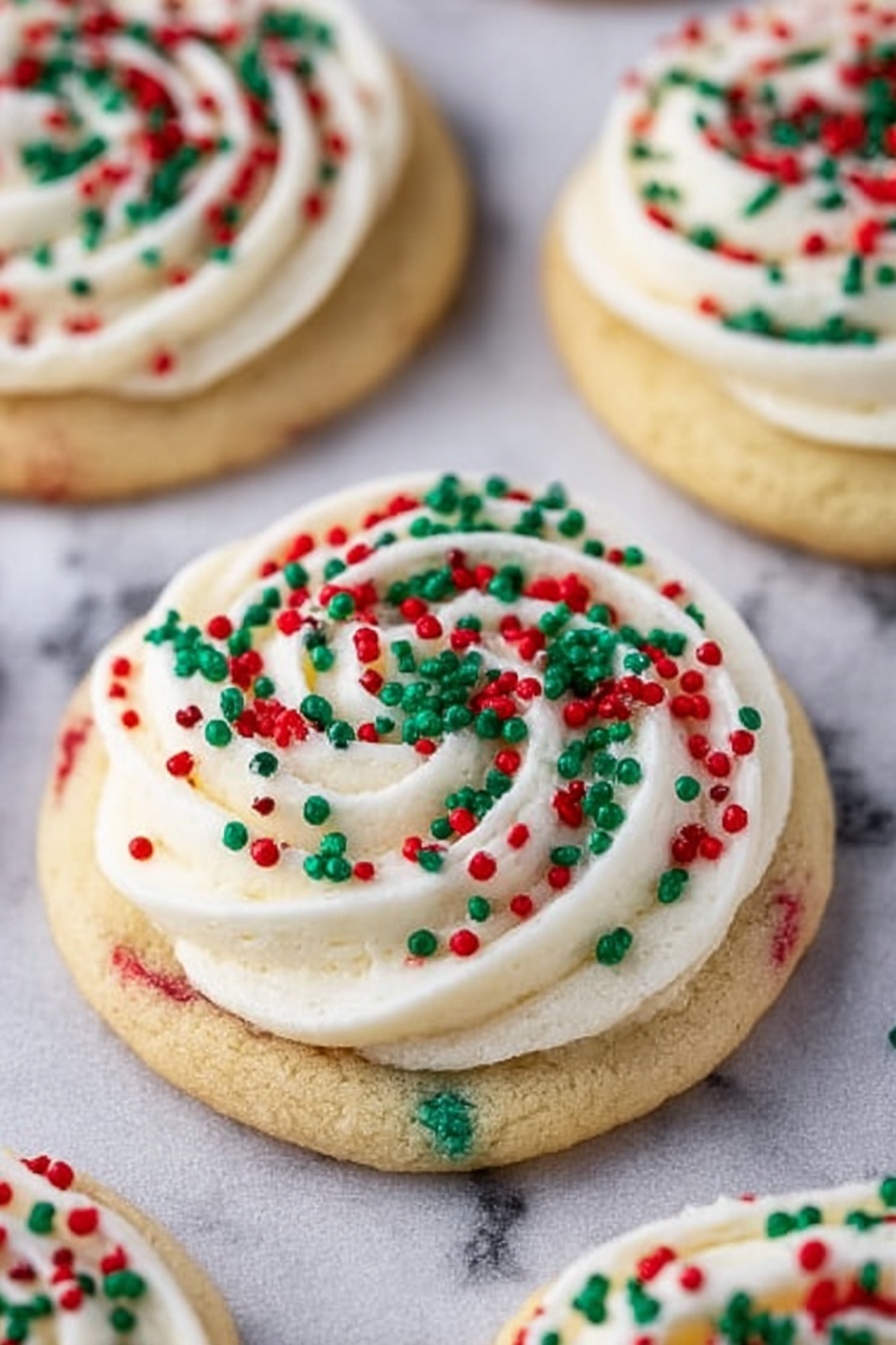 The image shows several round cookies on a white marbled surface. Each cookie has two layers: the bottom layer is a light beige cookie with small red and green bits mixed inside, and the top layer is a thick swirl of creamy white frosting. The frosting is topped with red and green sprinkles scattered over the surface. The cookies are arranged closely together, with one cookie in clear focus in the center. photo taken with an iphone --ar 2:3 --v 7