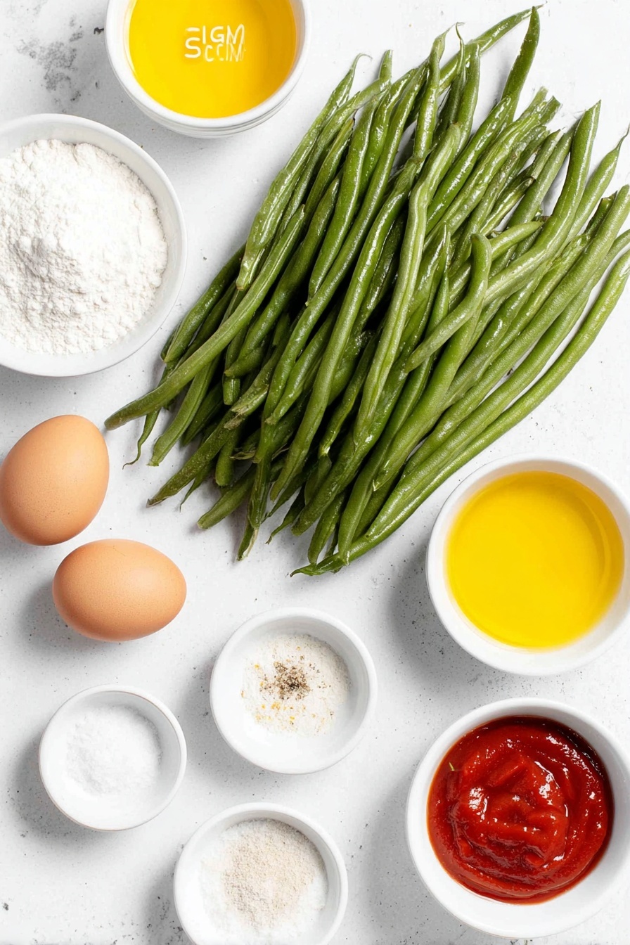 Flat lay of fresh green beans with trimmed ends, a small white bowl of all-purpose flour, two whole uncracked brown eggs, a small white bowl of vegetable oil, a small white bowl of golden beer, a small white bowl of vibrant red hot sauce, a small white bowl of coarse kosher salt, a small white bowl of garlic powder, a small white bowl of onion powder, and a small white bowl of ground black pepper, all arranged with perfect symmetry in realistic proportions, placed on a clean white marble surface, soft natural light, photo taken with an iPhone, professional food photography style, fresh ingredients, white ceramic bowls, no bottles, no duplicates, no utensils, no packaging --ar 2:3 --v 7 --p m7354615311229779997