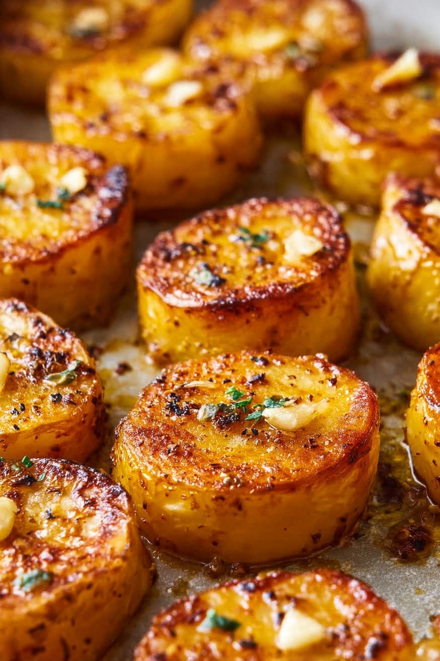 A white plate with a decorative rim holds about two layers of golden brown, round potatoes that look fried or roasted. The potatoes have a crispy, shiny surface spotted with small bits of chopped garlic and black pepper. Tiny green herb sprigs, possibly thyme, are scattered lightly on top. The potatoes sit in a light brown sauce that glistens under soft lighting, with visible small garlic pieces and a few herb leaves. The plate is on a white marbled surface photo taken with an iphone --ar 2:3 --v 7
