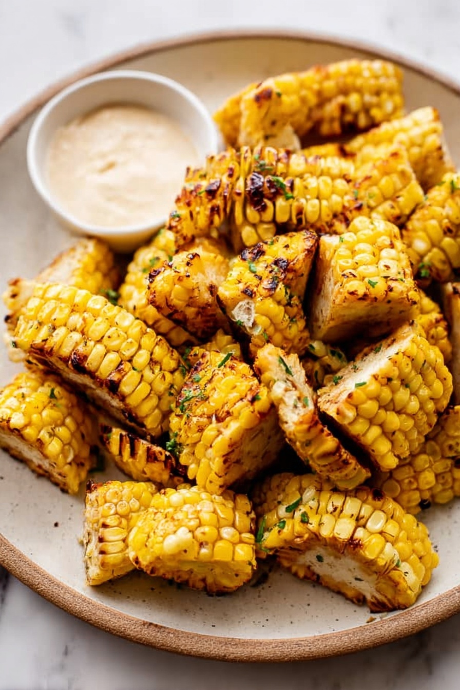 The image shows a white plate filled with several grilled corn ribs arranged in a loose pile. The corn ribs are golden yellow with browned grill marks, giving them a slightly charred look. Small green herb pieces are sprinkled lightly over the corn, adding a touch of color. On the side of the plate is a small white bowl filled with a creamy white dipping sauce that also has a few tiny green herb bits on top. The plate is placed on a white marbled surface, adding a clean and bright background. photo taken with an iphone --ar 2:3 --v 7