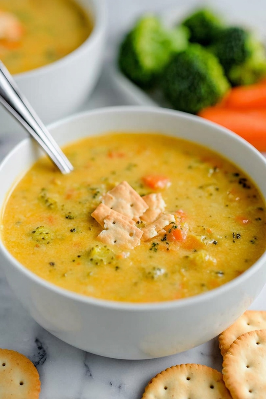 A white bowl filled with thick yellow soup with small pieces of green broccoli and orange carrot bits mixed inside, topped with broken light orange and white crackers in the center, a silver spoon partially dipped in the soup on the left side of the bowl. The bowl sits on a white marbled surface with round light golden crackers scattered near the bowl. In the background, out of focus, are some steamed green broccoli florets and orange carrot sticks on the right side, another white bowl with more soup on the top left side. photo taken with an iphone --ar 2:3 --v 7