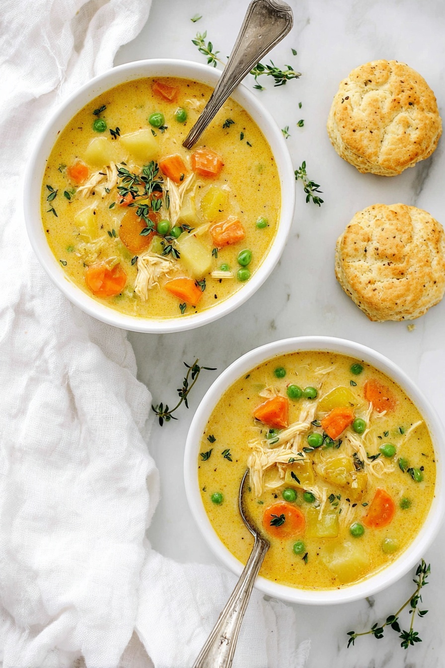 A white bowl filled with thick yellow soup with visible chunks of white chicken pieces, orange carrot slices, green peas, and light yellow potato cubes. The soup has small green herb leaves and black pepper sprinkled on top, with a sprig of fresh thyme resting on the surface. A silver spoon is partially dipped into the soup inside the bowl. The bowl sits on a white marbled textured surface with a white cloth nearby and a golden brown biscuit positioned at the lower right corner. Photo taken with an iphone --ar 2:3 --v 7