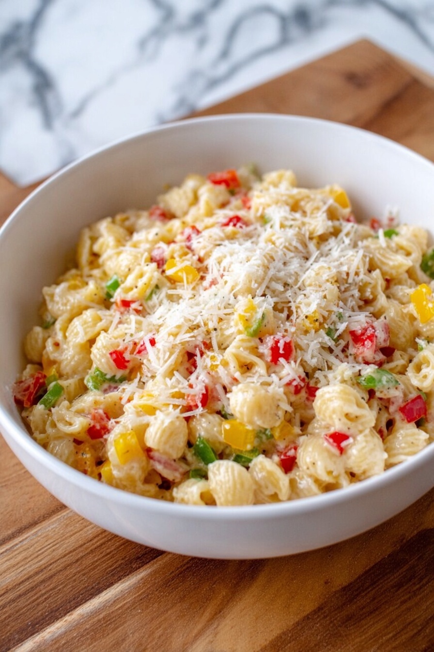 A white bowl filled with a creamy pasta dish showing three visible layers: a base layer of soft, ruffled pasta with small pieces of yellow, red, and green bell peppers mixed throughout, a middle layer of tender chicken chunks blending with the pasta, and a top layer lightly sprinkled with fine grated cheese that adds a white, fluffy texture. The bowl sits on a wooden cutting board with silver forks and a red and white cloth in the blurred background over a white marbled surface. Photo taken with an iphone --ar 2:3 --v 7