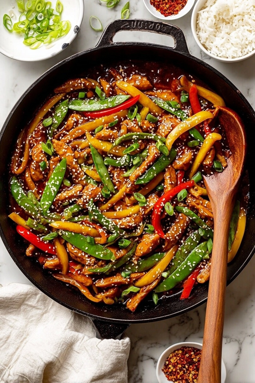 A black cast iron pan filled with a colorful stir-fry sits on a white marbled surface. The stir-fry has three main layers: the bottom layer is glossy dark brown sauce, the middle layer is cooked strips of golden brown chicken and bright, crisp vegetables including green snap peas and red and yellow bell pepper strips, while the top layer is sprinkled with white sesame seeds and chopped green onions. A wooden spoon rests inside the pan on the right side. Around the pan are small white bowls filled with white sesame seeds, sliced green onions, and red chili flakes. Part of a white cloth napkin and a small bowl of white rice are visible at the bottom. Photo taken with an iphone --ar 2:3 --v 7