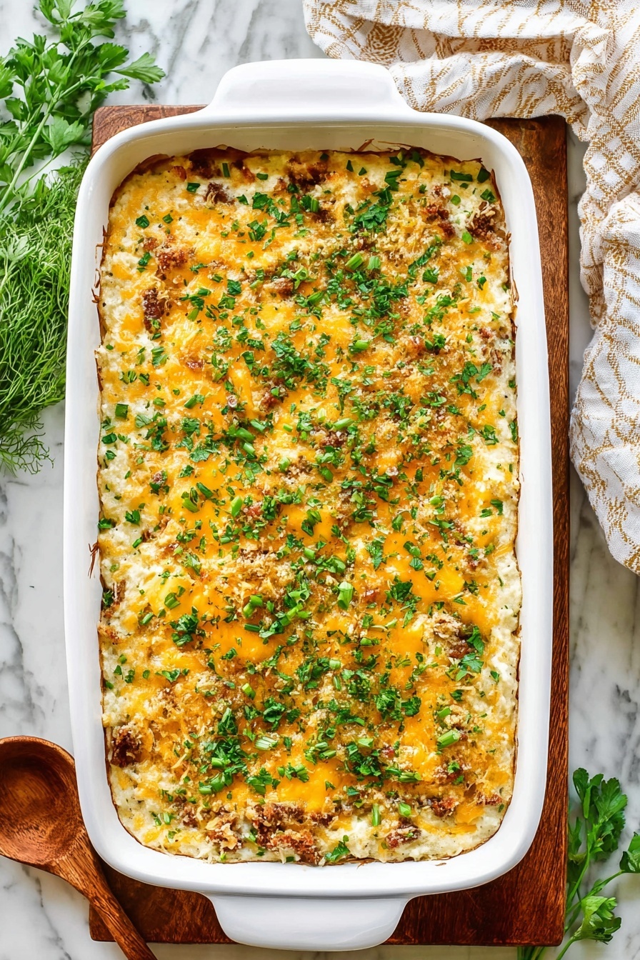 A white rectangular baking dish filled with a three-layer casserole. The bottom layer looks creamy and beige, topped with a middle layer of browned bits that appear to be small pieces of cooked meat or vegetables. The top layer is melted cheese, mixed with yellow and white tones, melted unevenly to create a textured surface. Fresh green chopped herbs are sprinkled generously across the top, adding color contrast. The dish sits on a white marbled surface, with a wooden spoon to the left and some fresh herbs nearby. photo taken with an iphone --ar 2:3 --v 7