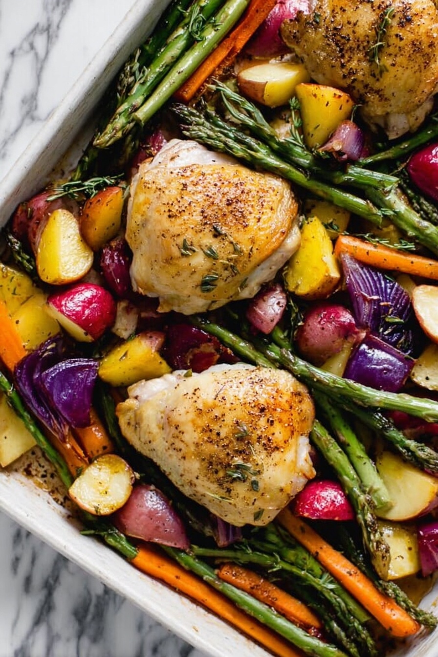 The dish shows a white baking tray filled with two pieces of roasted chicken thighs placed near the center. Around the chicken are many vegetables including green asparagus spears, orange and yellow carrot sticks, red-skinned potato chunks, and purple onion slices, all mixed together. The chicken has a golden-brown crispy skin lightly sprinkled with black pepper and herbs. The vegetables have a slightly charred look with vibrant colors, adding texture and contrast to the scene. The tray sits on a surface with white marbled texture. photo taken with an iphone --ar 2:3 --v 7