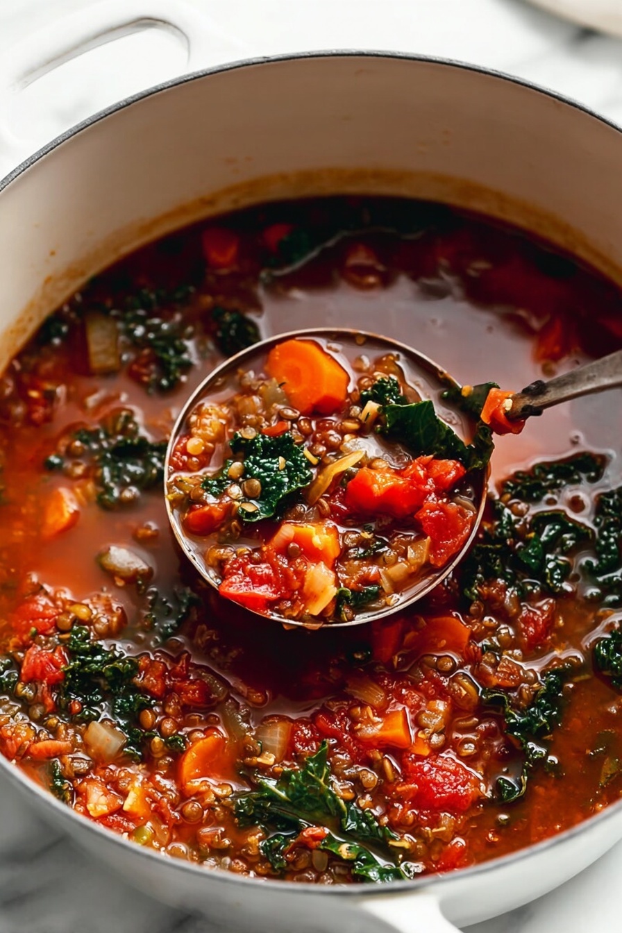 The image shows a close-up of a white bowl filled with a rich vegetable soup. The soup has a reddish-orange broth with visible pieces of tomatoes, green leafy vegetables, chunks of orange carrots, and what appears to be lentils or grains, creating a textured, hearty appearance. There are specks of black pepper scattered on top, adding contrast. A silver spoon is placed inside the bowl, resting on the edge, and the bowl sits on a white marbled surface with a white cloth nearby. The overall scene is bright and inviting, suggesting warmth and comfort. photo taken with an iphone --ar 2:3 --v 7