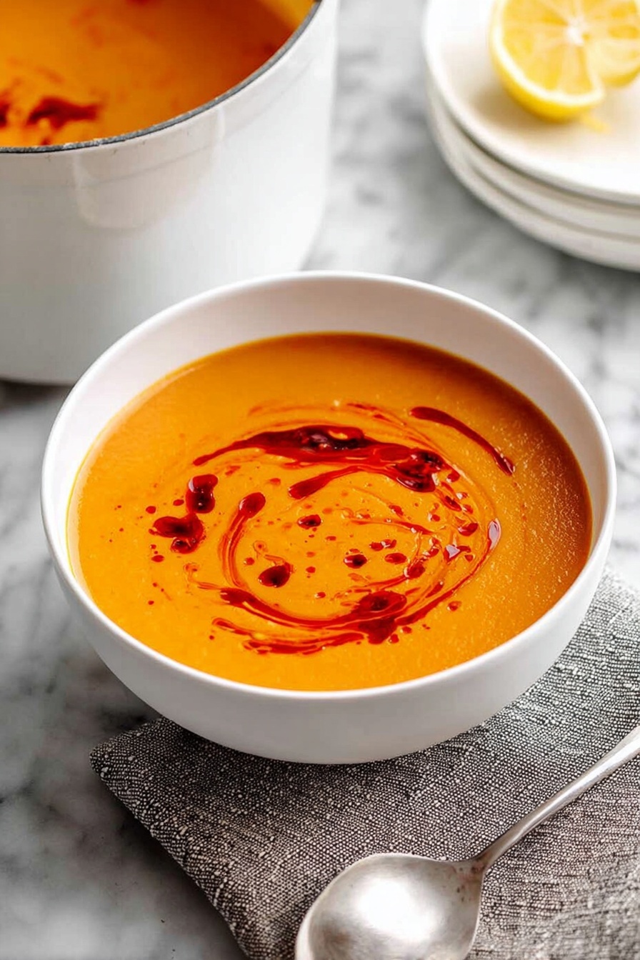 A white bowl filled with smooth orange soup, topped with scattered small dark red oil droplets creating a loose swirl pattern. The bowl sits on a white marbled surface with a shiny silver spoon next to it on a dark textured cloth. In the background, part of a white dish with more soup is visible at the top right corner, along with part of another white bowl of soup at the bottom right. photo taken with an iphone --ar 2:3 --v 7