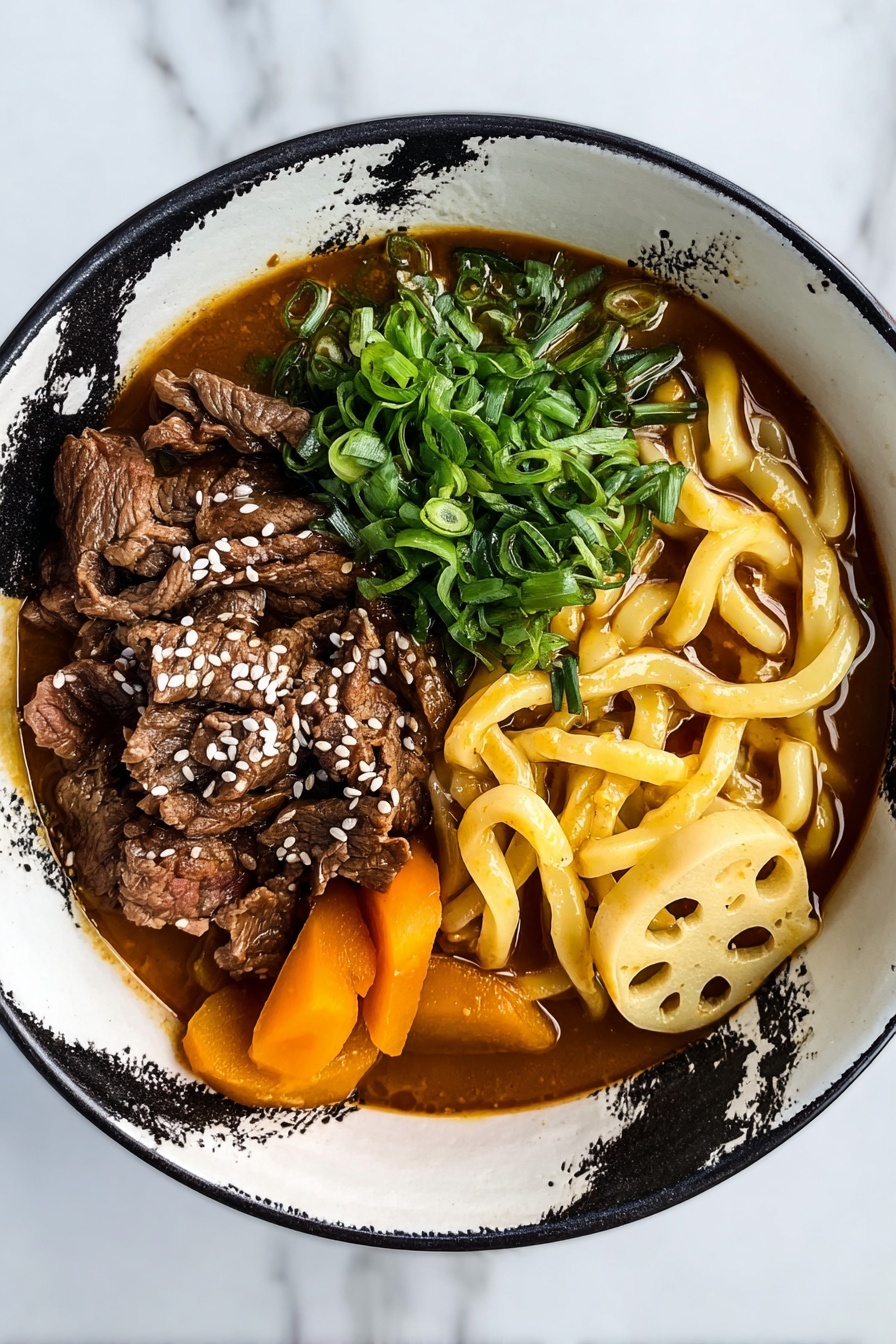 A deep white bowl with black paint splashes inside holds a dish arranged in three main sections: on the left, dark brown thin slices of cooked beef sprinkled with white sesame seeds; in the center top, a pile of fresh green chopped scallions; on the right, thick pale yellow udon noodles partly covered with the rich brown curry sauce that also covers the bottom of the bowl and includes bright orange carrot slices and light yellow lotus root pieces. The bowl is set on a white marbled surface photo taken with an iphone --ar 2:3 --v 7