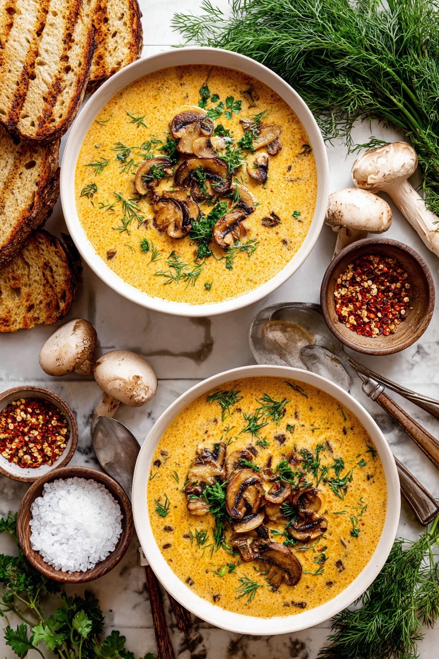 Two white bowls filled with creamy, yellow-orange soup with visible herbs and pieces of mushroom mixed in, topped with sautéed sliced mushrooms and fresh green herbs like parsley and dill. The bowls are placed on a white marbled surface with grilled slices of bread leaning against the bowls on left side. Surrounding the soup are small bowls containing coarse salt, ground black pepper, and red chili flakes. Fresh whole mushrooms, sprigs of fresh dill, and parsley bunch are scattered around the setting. Two metal spoons with wooden handles are placed side by side near the bowls. photo taken with an iphone --ar 2:3 --v 7