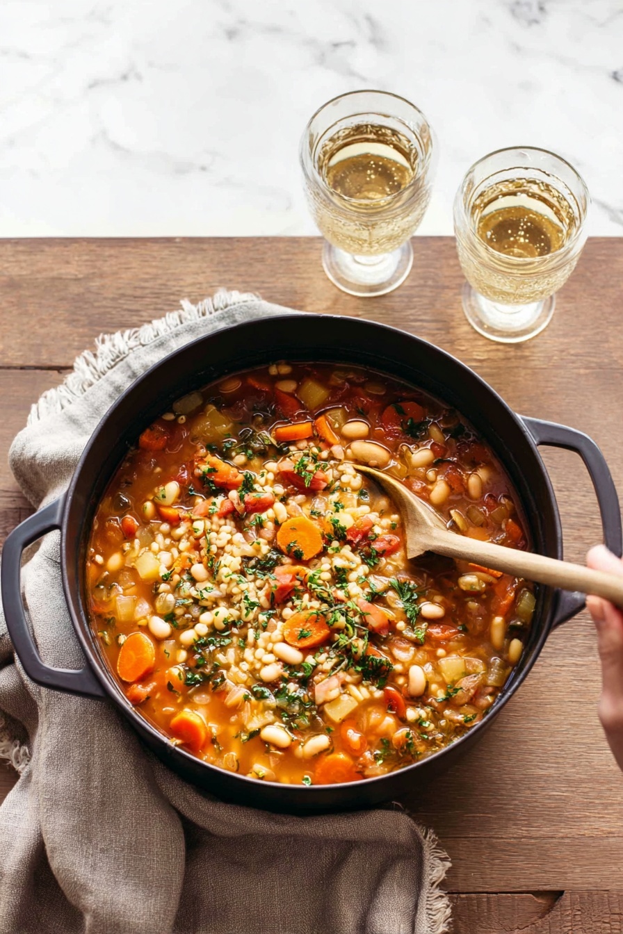 A large black pot filled with thick vegetable and bean soup sits on a wooden table covered partially by a light gray cloth held by a woman's hand; the soup has visible layers of orange carrot slices, white and brown beans, small chunks of white potato, green herbs sprinkled on top, and rice grains in a rich, slightly reddish broth, with a wooden spoon resting inside the pot on the right side. Behind the pot are two clear glasses, one filled with a light golden drink and the other with water, all placed on a white marbled textured surface photo taken with an iphone --ar 2:3 --v 7