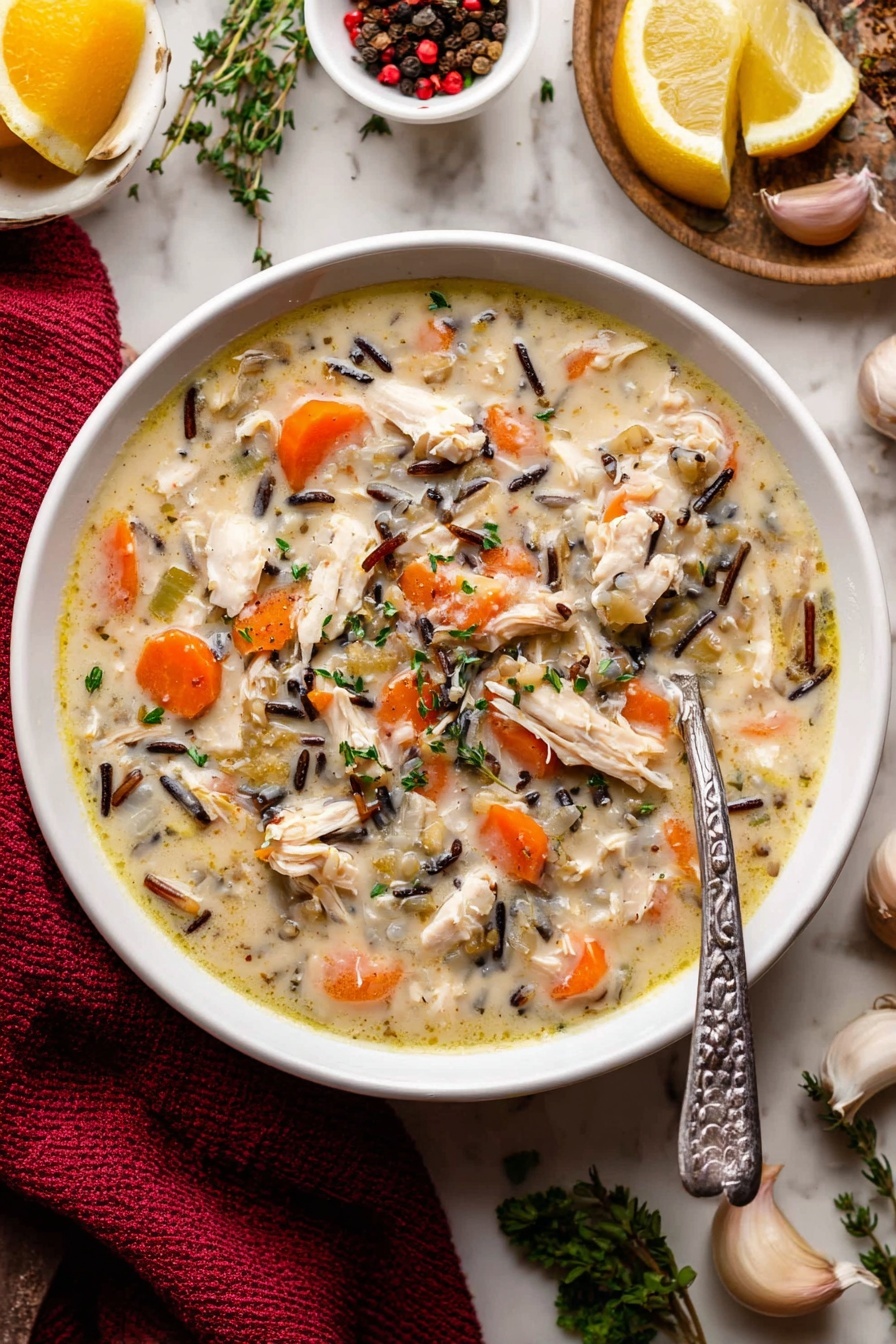 A white bowl filled with creamy chicken and wild rice soup is centered on a white marbled surface. The soup has multiple layers: the base is a pale creamy broth with a smooth texture, mixed with shredded white chicken pieces, bright orange carrot chunks, and dark wild rice grains scattered throughout. Fresh green herbs are sprinkled on top as garnish. A silver spoon with a textured handle is dipped into the bowl, lifting a spoonful of soup, showing the mix of ingredients clearly. Around the bowl are small white dishes holding lemon slices, garlic bulbs, peppercorns, and herbs, with a red cloth napkin partly visible on the left side. photo taken with an iphone --ar 2:3 --v 7