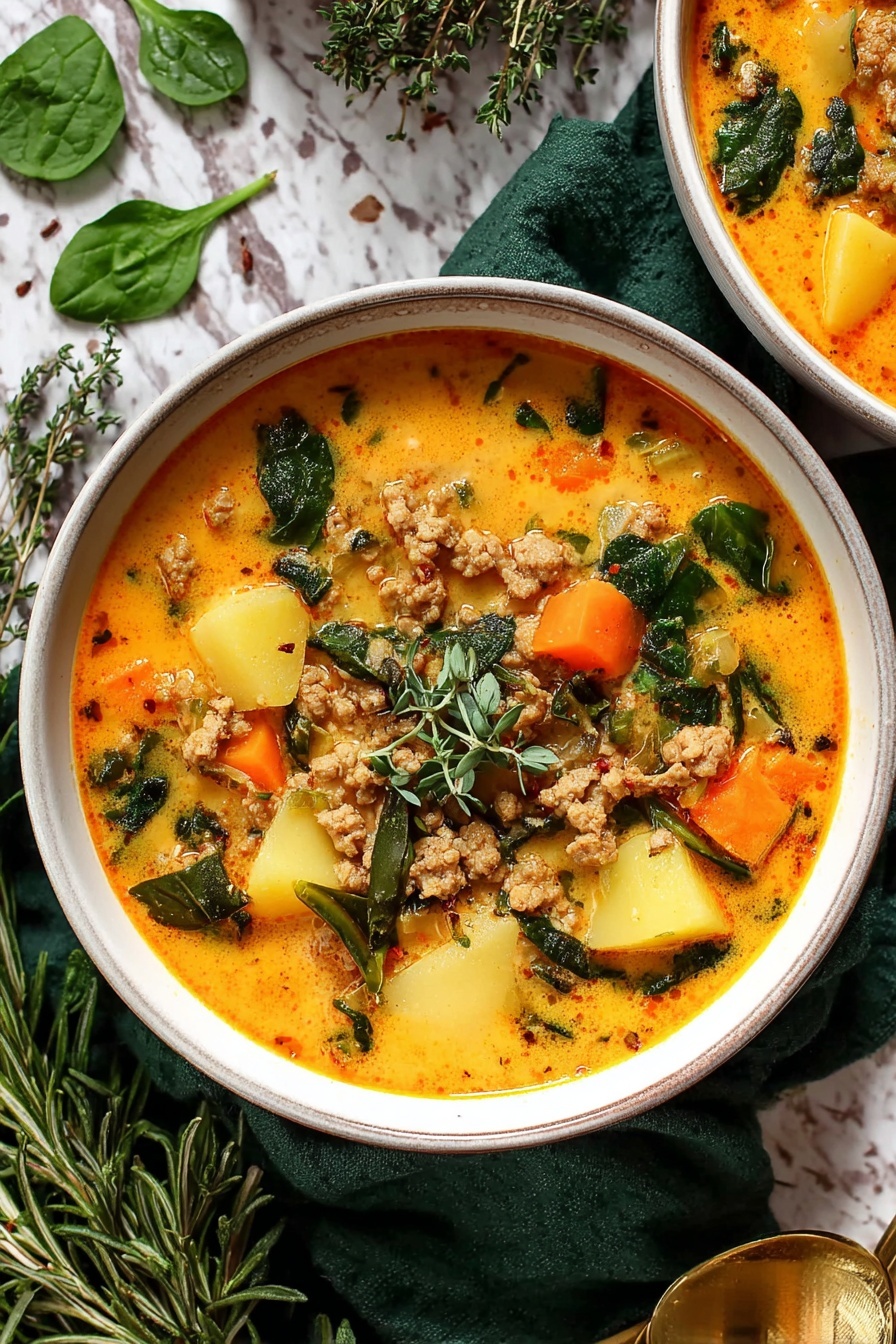 A white bowl filled with a creamy orange soup that has chunks of yellow potatoes, small cubes of bright orange carrots, pieces of cooked ground meat, and dark green spinach leaves scattered throughout. Fresh green herbs are sprinkled on top, including sprigs of thyme and chopped parsley. The soup surface shows tiny bubbles with a slightly oily texture, contrasting with the soft vegetables and meat. The bowl sits on a green cloth napkin on a white marbled surface with golden flatware partially visible to the side. photo taken with an iphone --ar 2:3 --v 7
