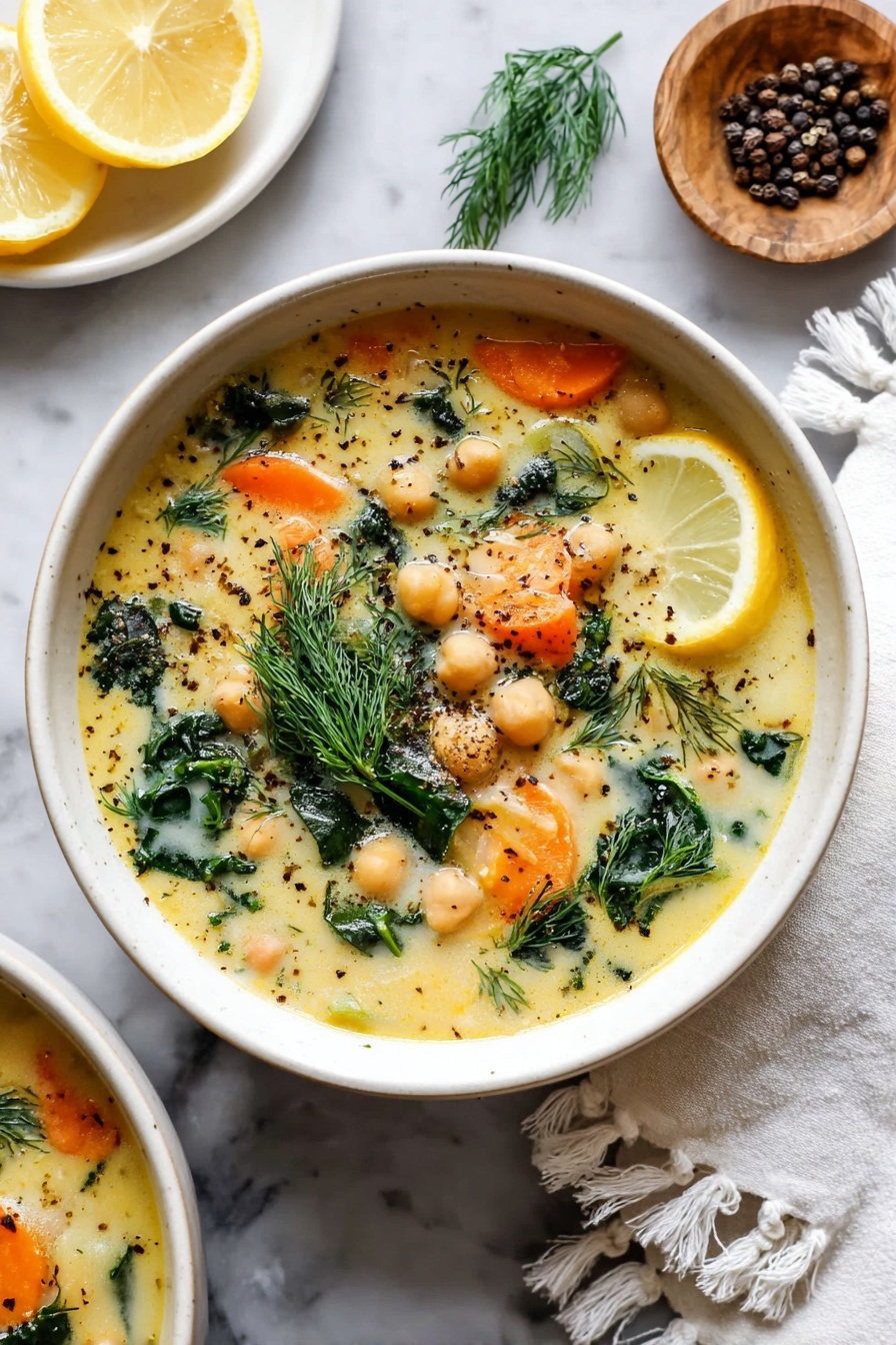 The image shows a bowl filled with creamy soup that has three main layers of colors and textures: a pale yellow creamy broth as the base, chunks of orange carrot slices and beige chickpeas scattered throughout the soup, and dark green leafy vegetables mixed in and floating on top. On the surface, black specks of ground pepper and fresh bright green dill sprigs are spread, with a thin lemon wedge resting on the edge of the soup in the bowl. The bowl is white, and it sits on a white marbled surface next to a white cloth with fringes and a small white dish containing whole black peppercorns. There is also a white plate with lemon halves visible near the top left corner of the image. Photo taken with an iphone --ar 2:3 --v 7