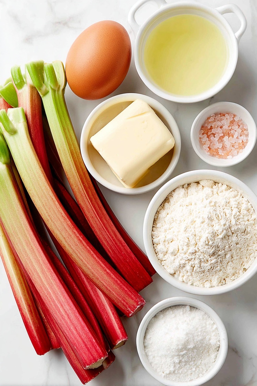 Flat lay of a few stalks of thinly sliced fresh rhubarb with vibrant pink and green hues arranged neatly, a whole large brown egg with a clean uncracked shell, a small mound of soft pale yellow unsalted butter at room temperature shaped smoothly, a small white ceramic bowl filled with creamy half and half, a small white ceramic bowl containing clear pale yellow lemon juice, a small white ceramic bowl of fine white granulated sugar, a small white ceramic bowl holding smooth, white all-purpose flour, a small white ceramic bowl with a fine light beige baking powder powder, and a small white ceramic bowl with pure white salt crystals, all arranged in perfect symmetry on a clean white marble surface, soft natural light, photo taken with an iPhone, professional food photography style, fresh ingredients, white ceramic bowls, no bottles, no duplicates, no utensils, no packaging --ar 2:3 --v 7 --p m7354615311229779997