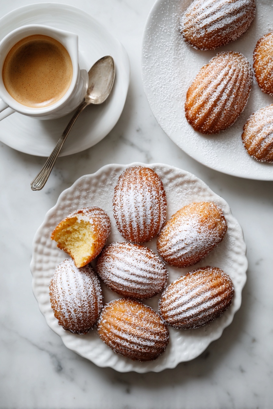A group of golden brown madeleine cakes lies on a black cooling rack set over a white marbled texture. Each cake has a slightly domed, textured top dusted evenly with fine white powdered sugar. One cake in the foreground is broken in half, revealing a soft, airy, pale yellow inside that looks moist with a porous texture. The cakes’ outer crust is smooth with a gentle sheen, giving a warm, inviting feel. In the background, a white mesh sieve is slightly blurred, resting above the rack. The overall scene is bright with natural lighting, emphasizing the cakes' warm tones and the powdered sugar’s delicate texture photo taken with an iphone --ar 2:3 --v 7