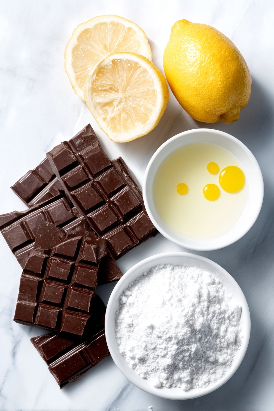 Flat lay of a small pile of glossy dark chocolate melting wafers, a whole Meyer lemon cut in half showing its bright yellow juicy interior, a small white ceramic bowl filled with fine white confectioner’s sugar, a small white ceramic bowl holding freshly squeezed pale yellow lemon juice, and a few drops of vibrant yellow gel food coloring placed neatly on a simple white ceramic plate, all arranged in perfect symmetry on a clean white marble surface, soft natural light, photo taken with an iPhone, professional food photography style, fresh ingredients, white ceramic bowls, no bottles, no duplicates, no utensils, no packaging --ar 2:3 --v 7 --p m7354615311229779997