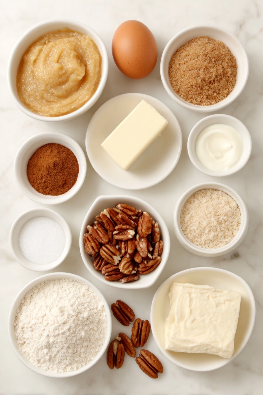 Flat lay of a small white ceramic bowl of thickened banana puree, half a white ceramic bowl of melted unsalted butter, two small white ceramic bowls each with granulated sugar and packed brown sugar, one large whole uncracked brown egg, a small white ceramic bowl of cinnamon powder, a tiny white ceramic bowl containing baking soda, another tiny white ceramic bowl with salt, a plain white ceramic bowl filled with all purpose flour, a modest white ceramic bowl of chopped pecans, a small slab of room temperature unsalted butter on a white ceramic dish, a small white ceramic bowl with cream cheese, a white ceramic bowl heaped with confectioners’ sugar, a small white ceramic bowl holding vanilla extract, a tiny white ceramic bowl with cream or milk, and a few whole pecans scattered artfully nearby—placed on a clean white marble surface, soft natural light, photo taken with an iPhone, professional food photography style, fresh ingredients, white ceramic bowls, no bottles, no duplicates, no utensils, no packaging --ar 2:3 --v 7 --p m7354615311229779997
